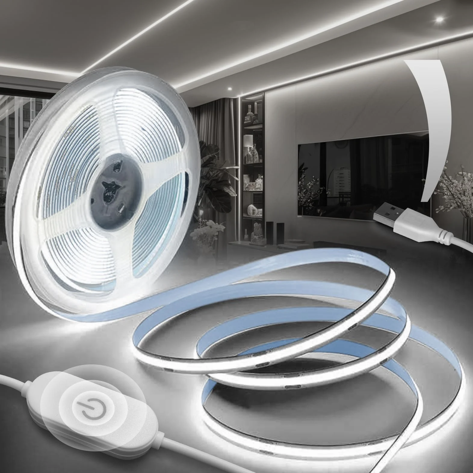 USB 5V COB Taśma LED 2M Zimna Biel 6000K Sciemniana Elastyczna Samoprzylepna 320LEDs/M Swiatła TV LED Paski CRI90+ Podłogowa Kuchnia Domu TV Lustra Podłogowa