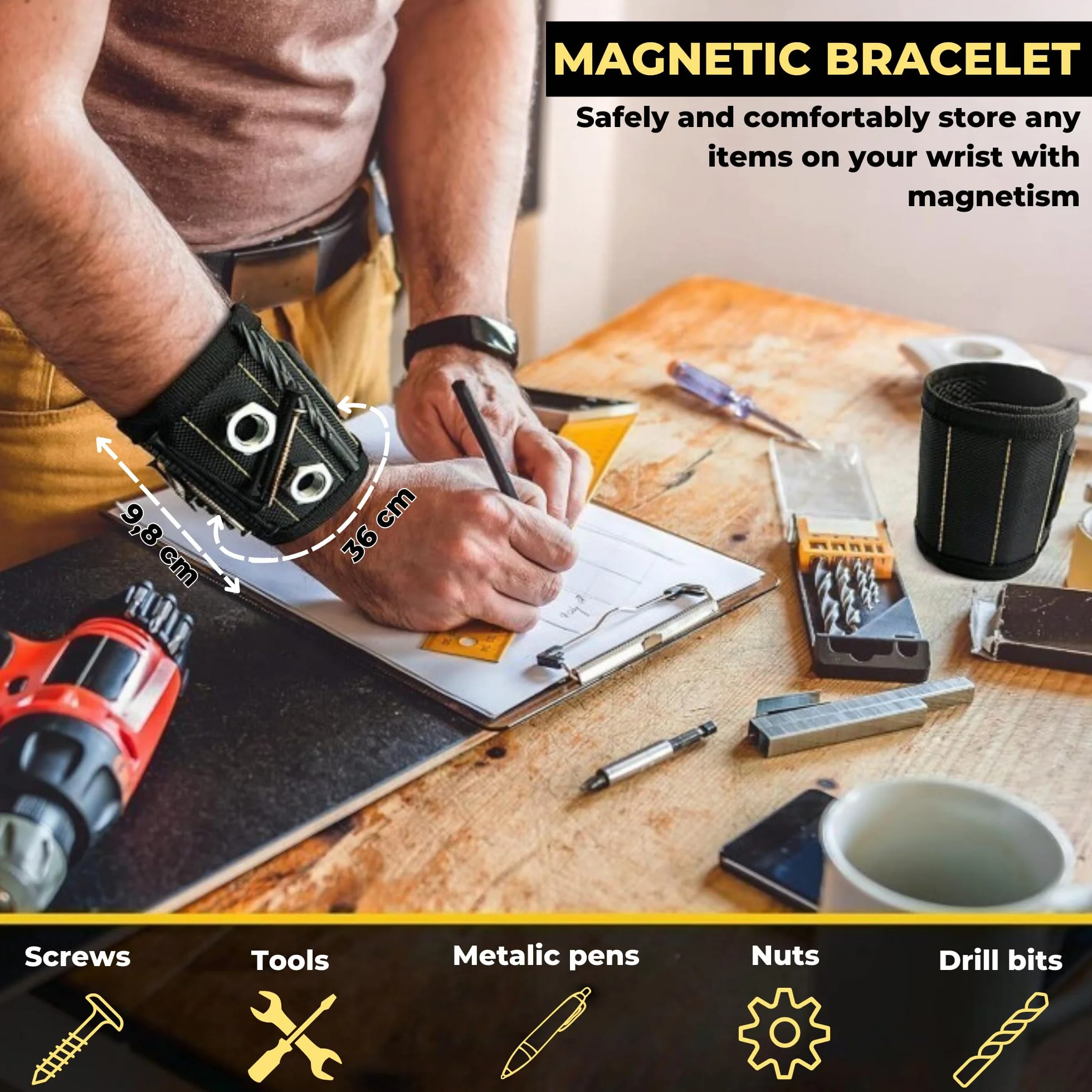 Magnetyczna bransoletka narzędzia, magnetyczny pasek na nadgarstek do mocowania śrub, gwoździ, wierteł. Magnesy do przechowywania narzędzi do domu, majsterkowania, obróbki drewna, napraw, mechaniki