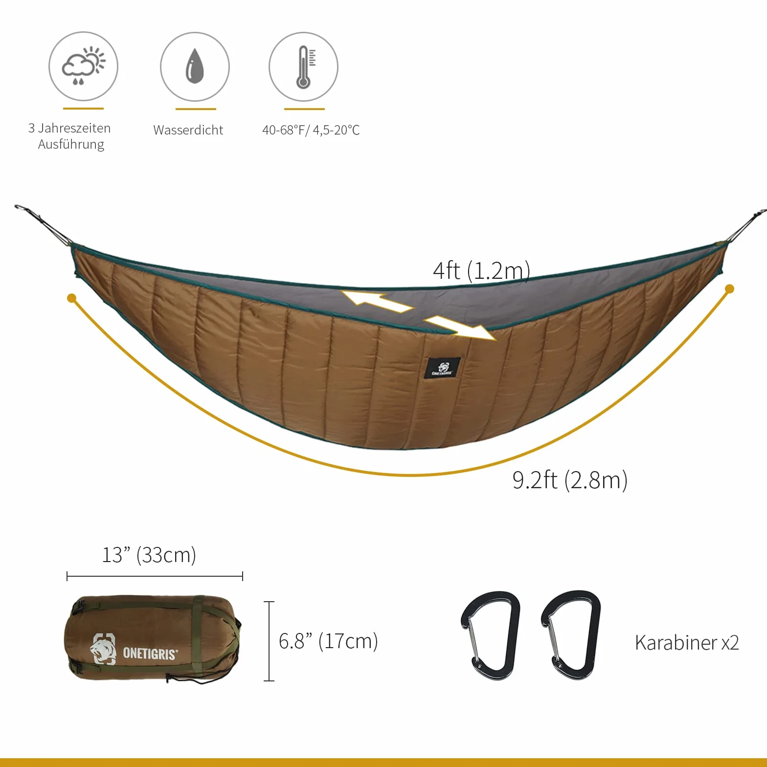 OneTigris Hideout Hamak 280 x 120 cm brązowy (coyote braun) ultralekki mata pod hamak ochrona cieplna na wędrówki kemping