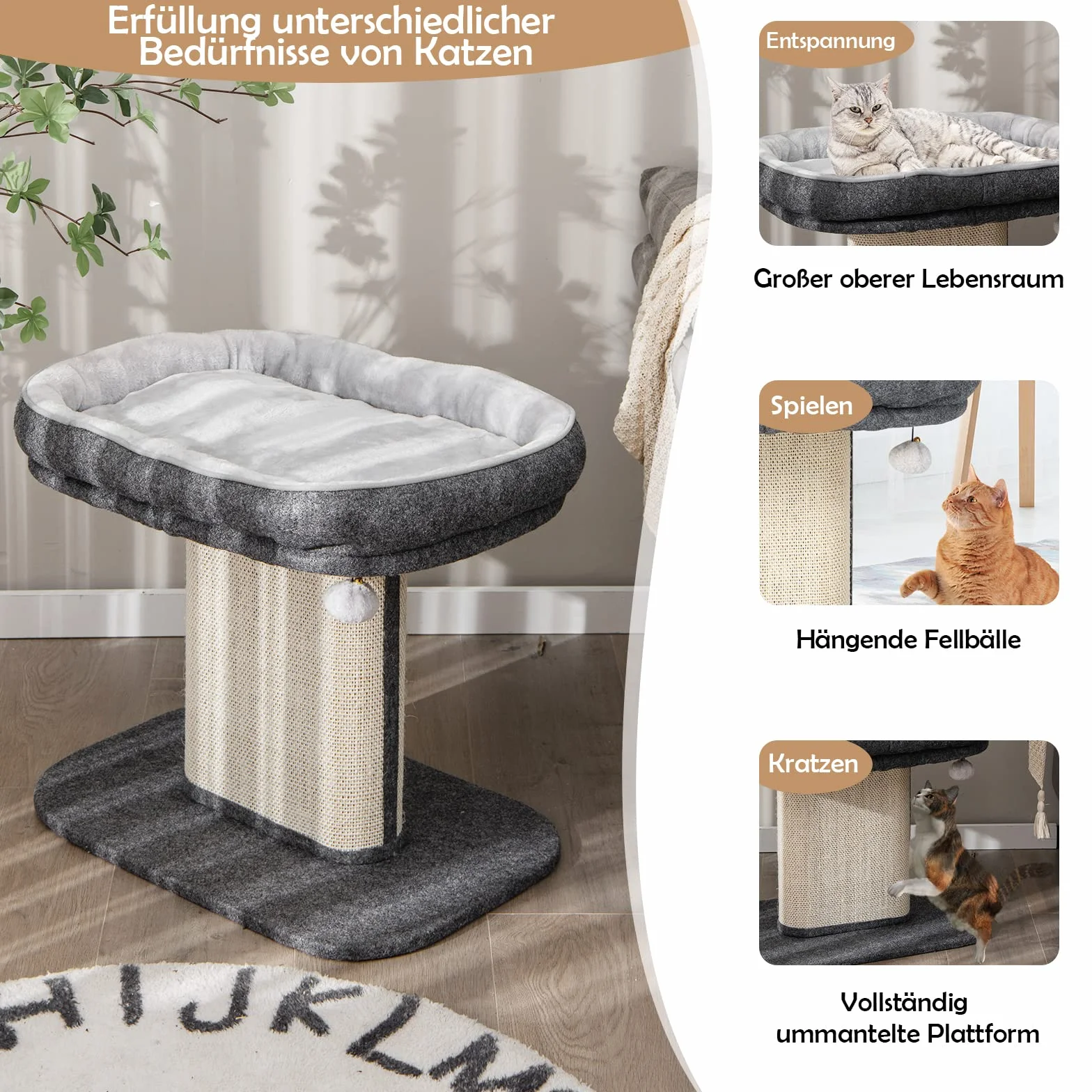 COSTWAY Mały Drapak Dla Kota, Wysokość 50 cm, Z Miękką Pluszową Powierzchnią Do Siedzenia, Sizalową Kolumną Do Drapania i Piłką, Drewniany, Meble Dla Kotów, Drzewko Do Wspinaczki