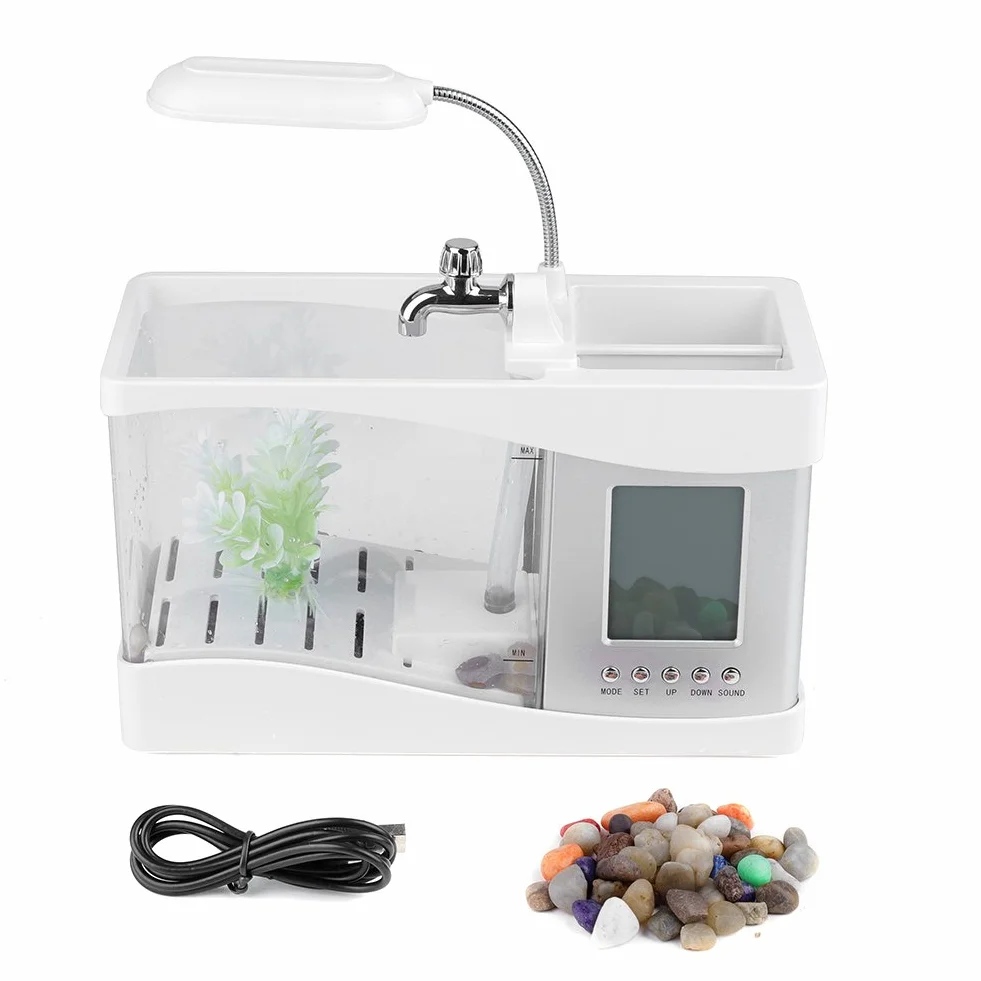 Mini akwarium, plastikowe bezpieczne akwarium, wielofunkcyjne z funkcją zegara, światło LED do sypialni do dekoracji (białe)