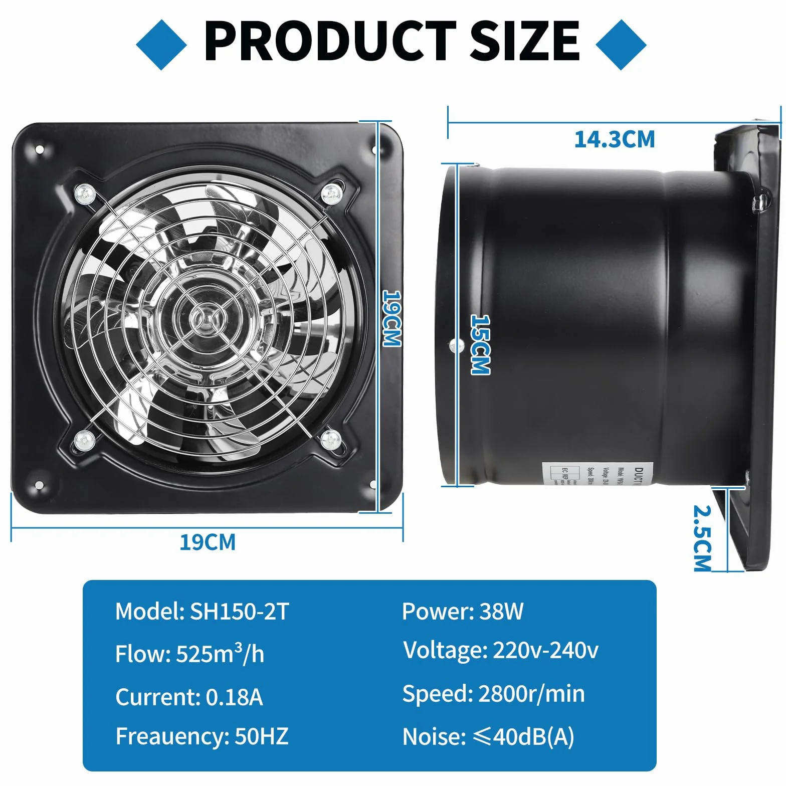 DBREAKS Wentylator wyciągowy Ø 150 mm 38 W 525 m³ przemysłowy ścienny czarny