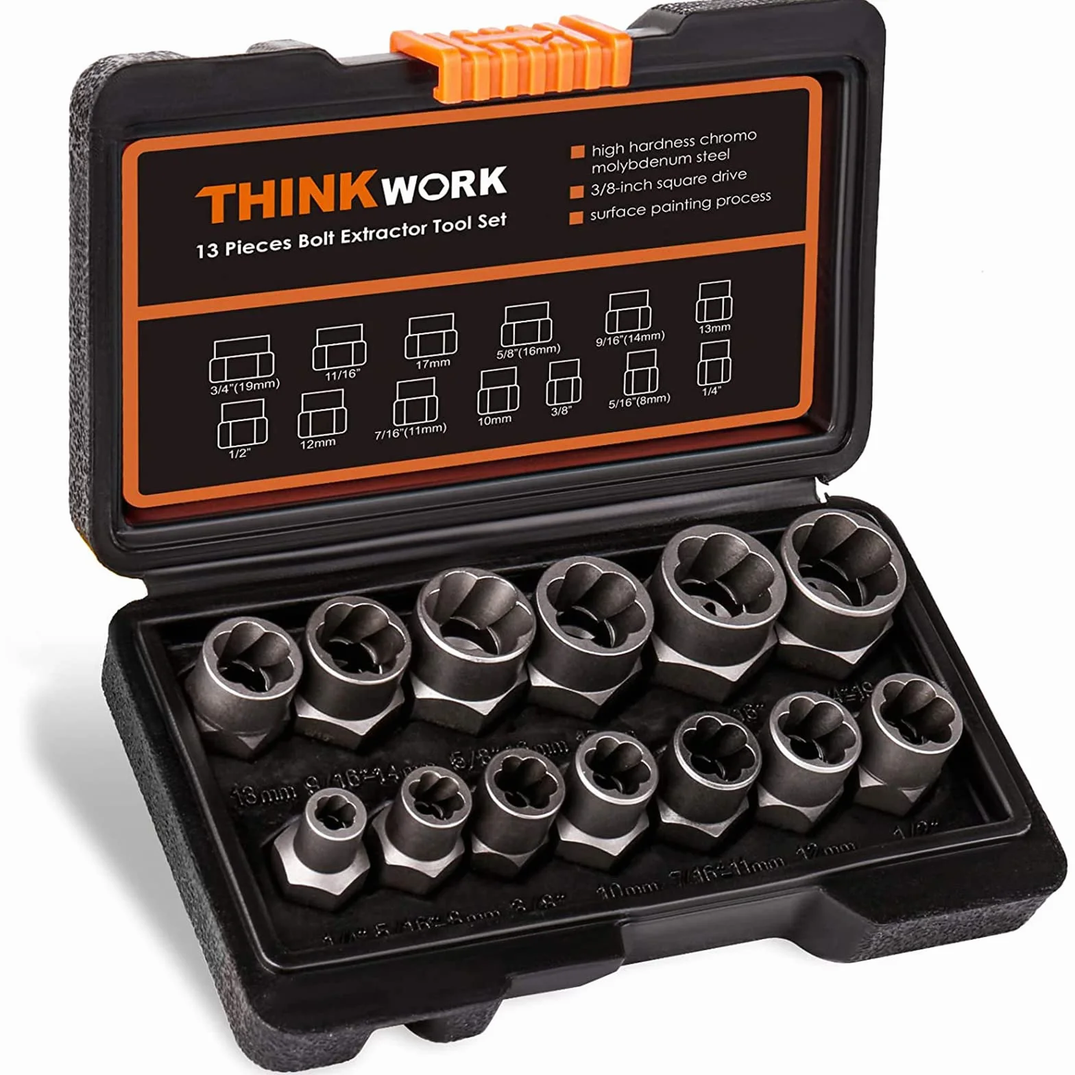 Thinkwork zestaw nakrętek udarowych do usuwania śrub, 13 + 1 szt., do łatwego usuwania zardzewiałych i uporczywych nasadek i śrub