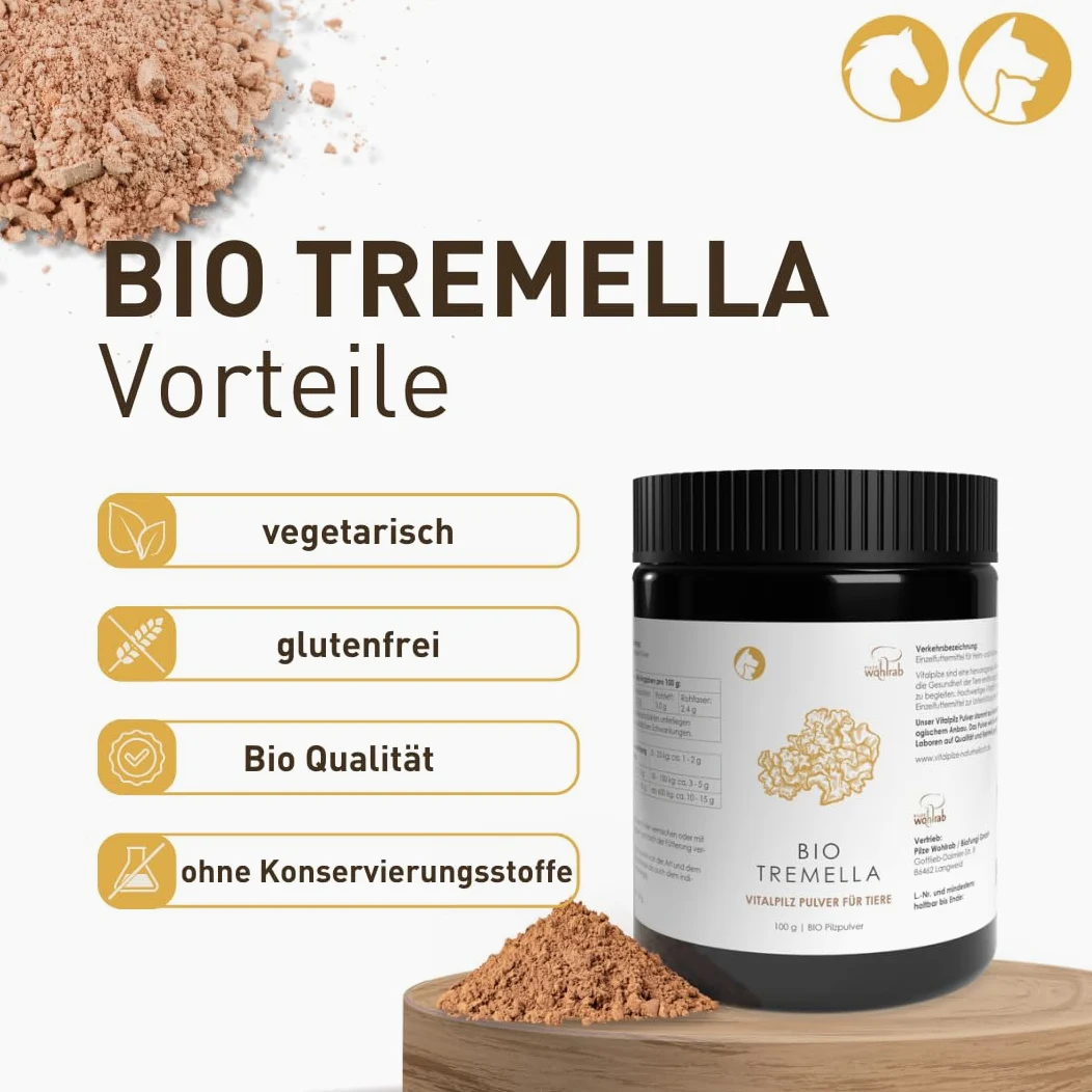 Bio Tremella proszek dla zwierząt, 100 g czystego proszku witalnego w proszku, najwyższa jakość biologiczna, proszek witalny - dozowanie dla zwierząt - 1 puszka - suplement diety