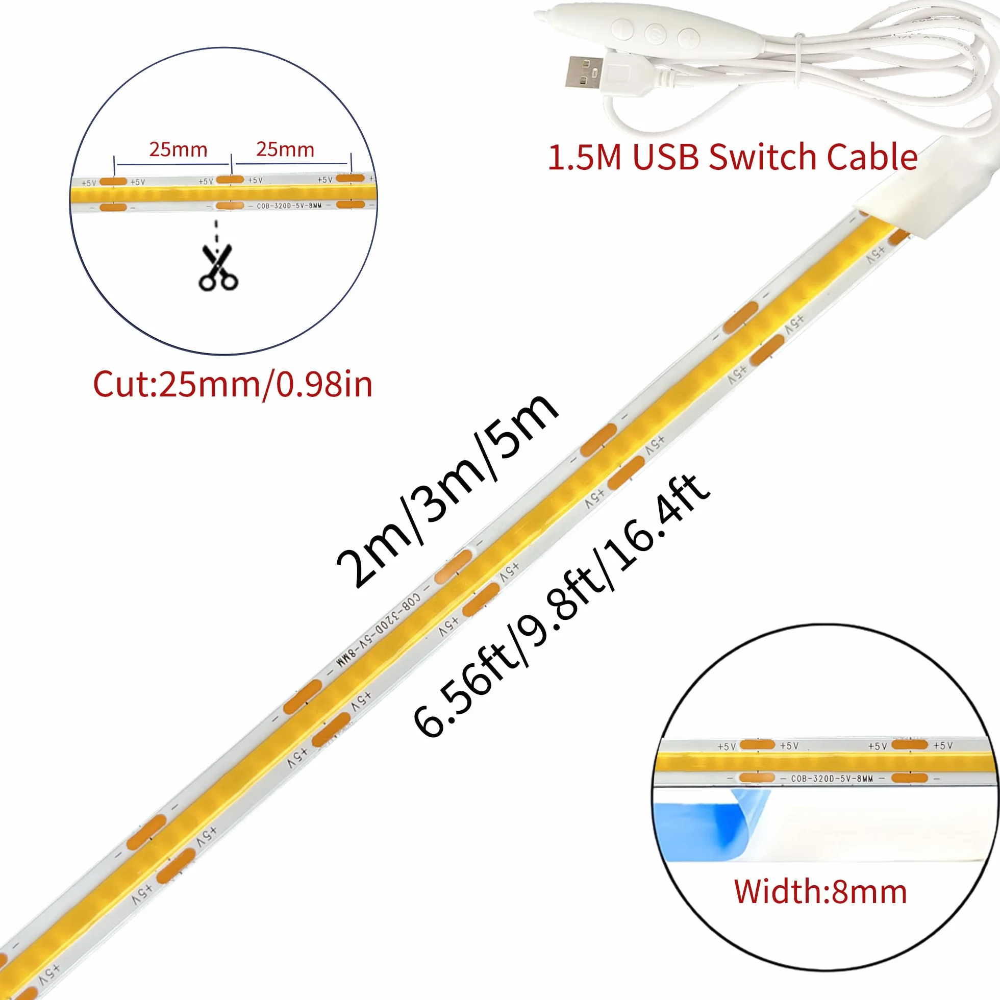 5V USB COB LED Bar Light z przełącznikiem przyciemniania, 9.84FT / 3M, zimny biały 6500K, 320LED / M, szerokość 8mm, kabel przełącznik USB 1.5M do dekoracji wnętrz domowych DIY