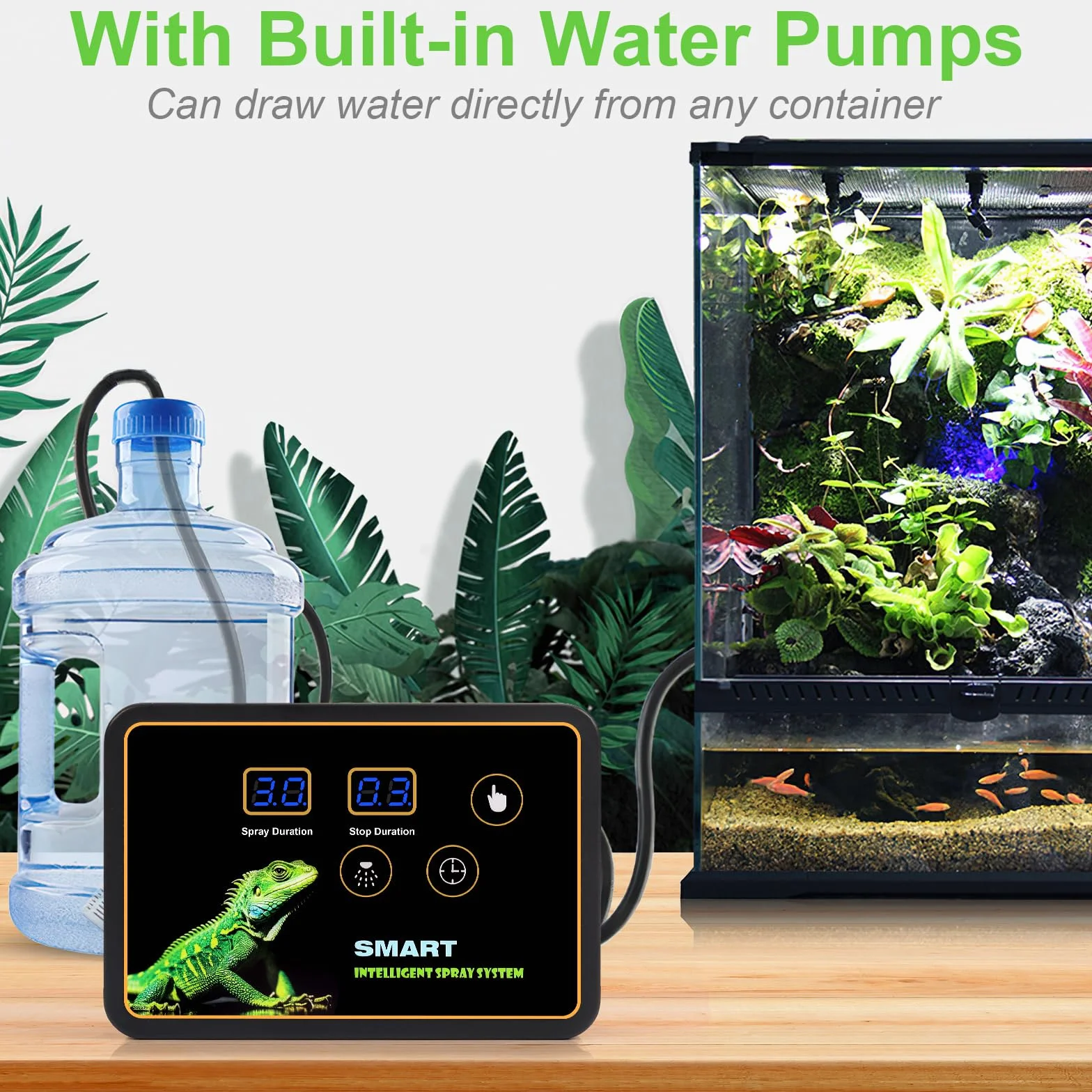 inteligentny system zraszania terrarium, nawilżacz powietrza z timerem i dyszami natryskowymi, regulacja 360°, nawilżacz powietrza, nebulizator do terrarium dla płazów, gadów, roślin