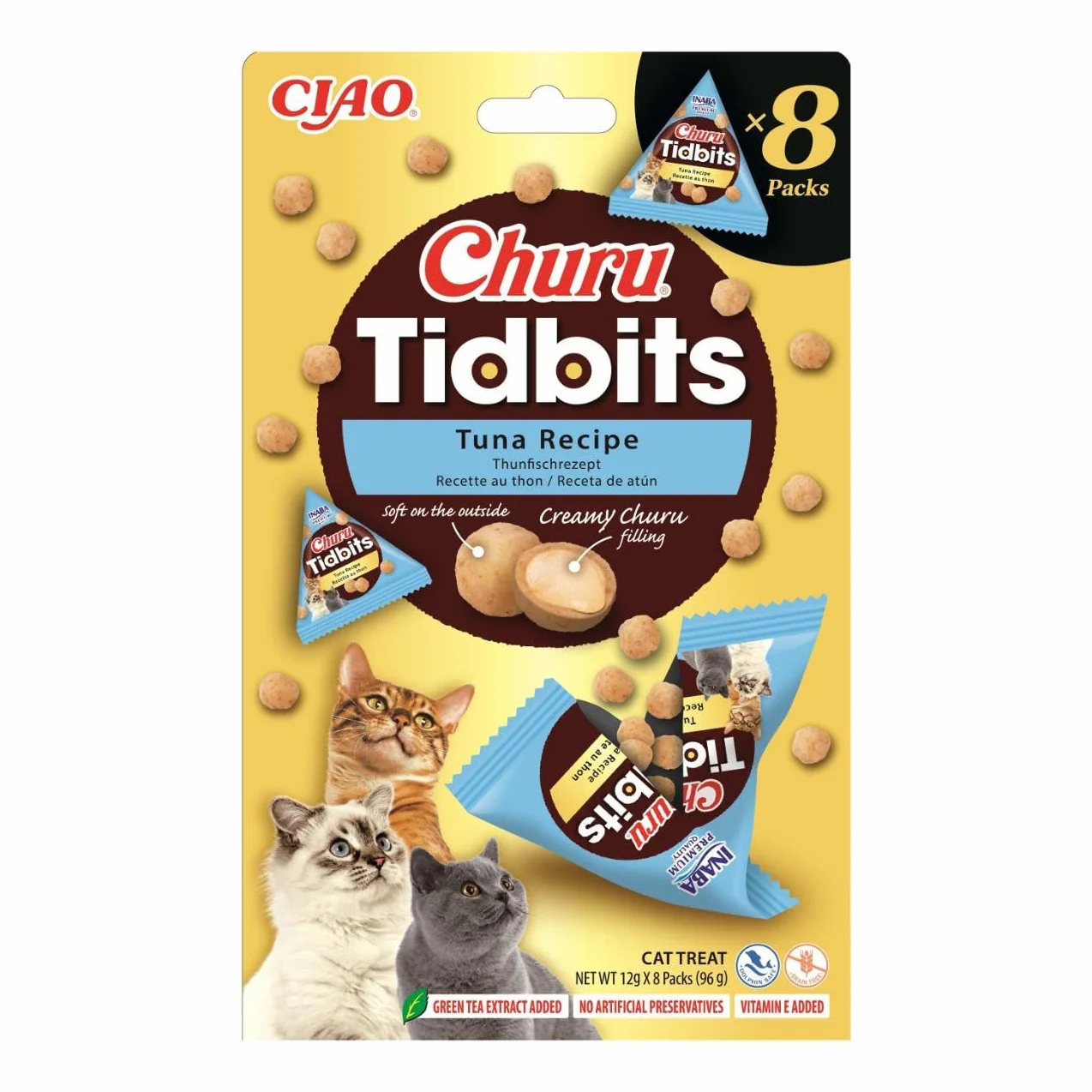 INABA Churu Tidbits przysmaki dla kotów, z wysokiej jakości składnikami, bogate w wilgoć i białko, niskokaloryczne, bez zbóż i cukru, 96 g