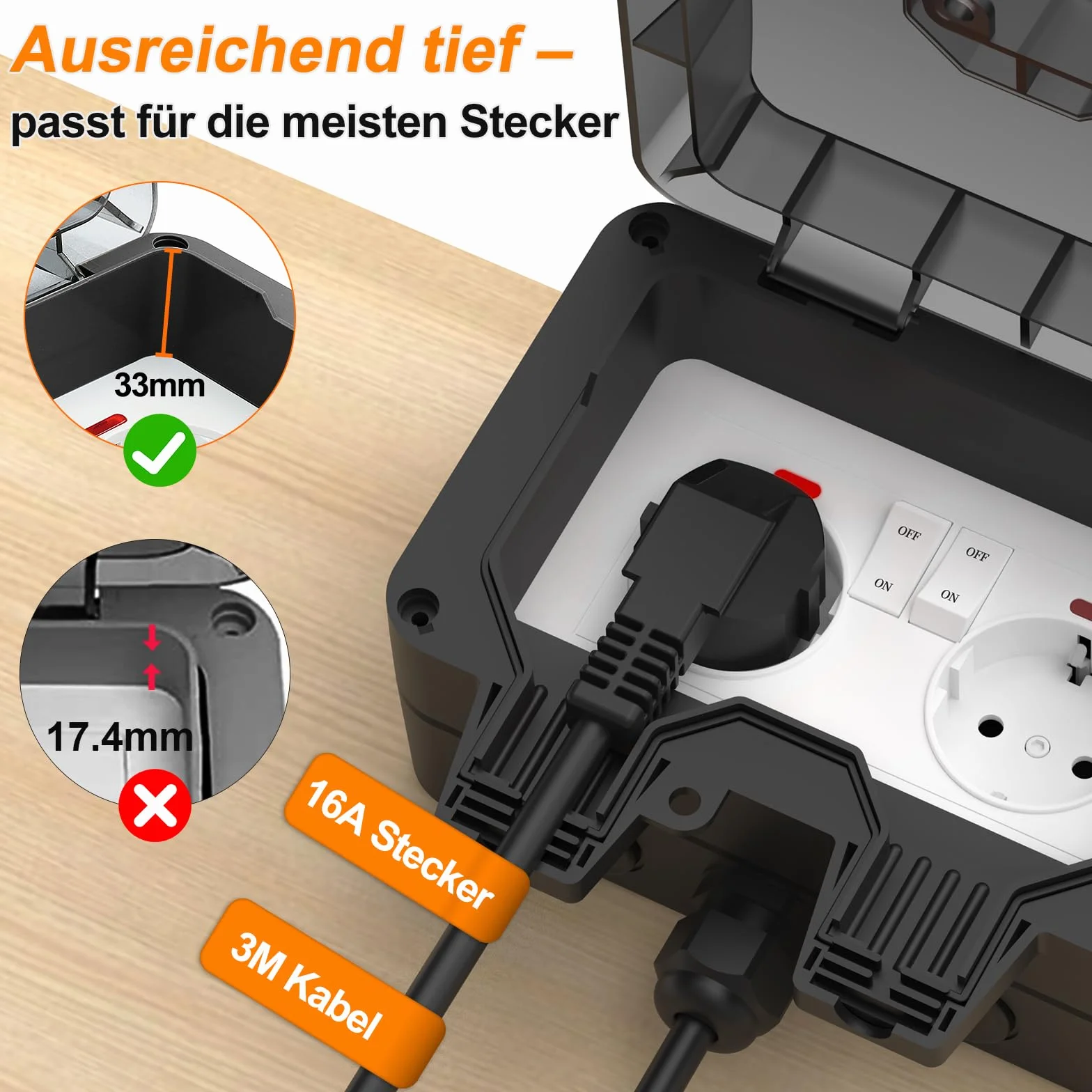 Gniazdko zewnętrzne, wodoszczelne IP66, natynkowe, kabel 3 m, z przełącznikiem, podwójne z klapką, odporne na warunki atmosferyczne, do użytku na zewnątrz