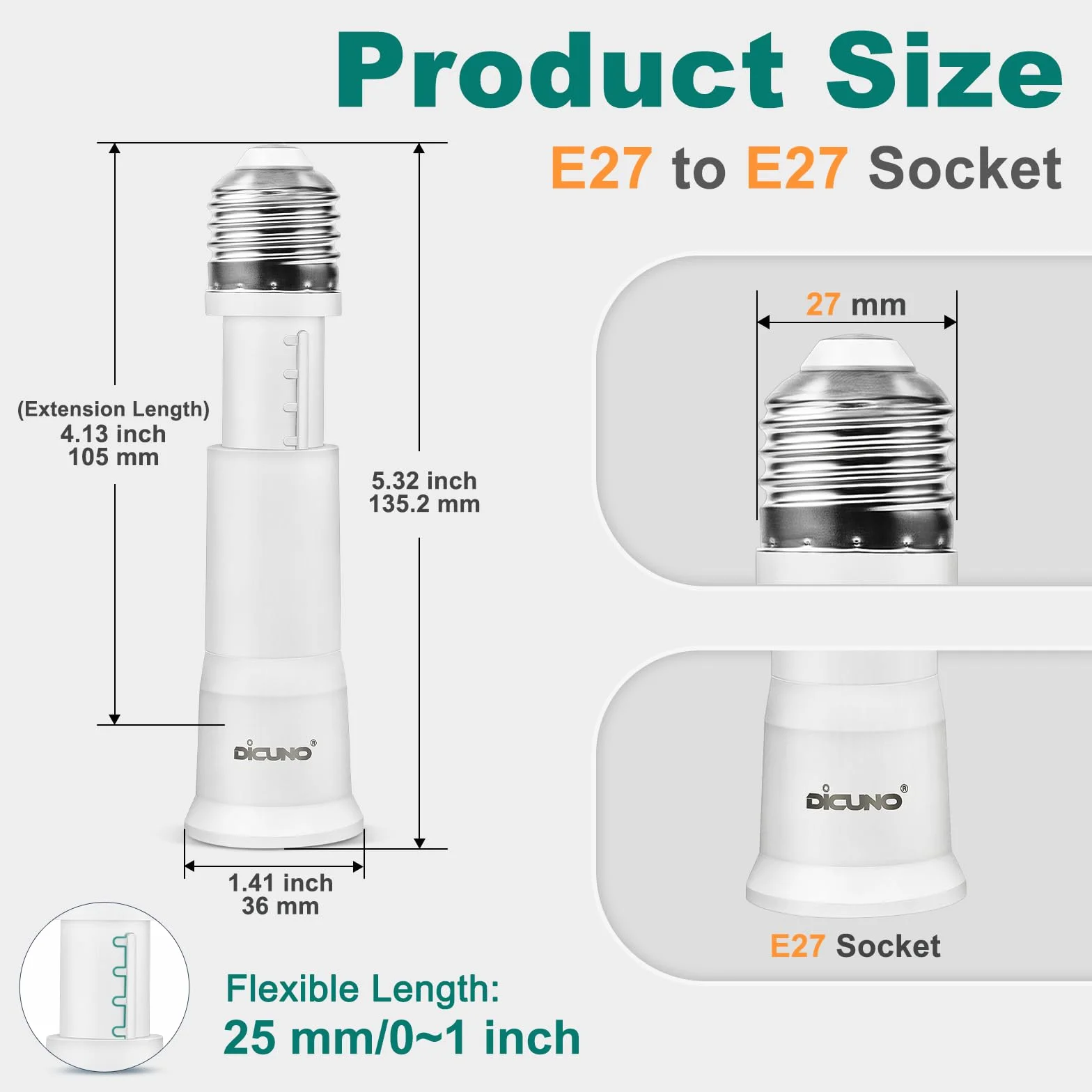 DiCUNO Adapter oprawki E27, regulowane przedłużenie lampy, elastyczny konwerter cokołowy, 10-13 cm, 60 W, 250 V, odporny na wysokie temperatury do 160°C, tworzywo sztuczne PBT, 2 sztuki w opakowaniu