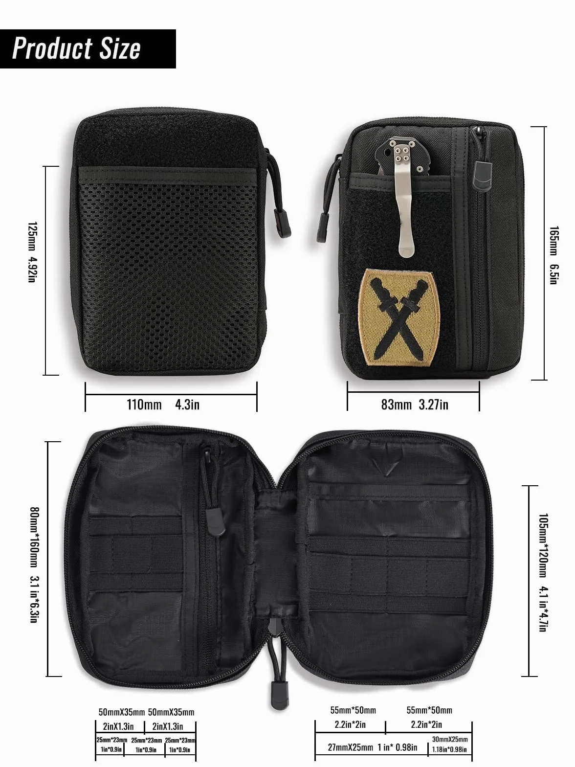 Sayram SP5 EDC Organizer Narzędzi, mała torba na narzędzia z zapięciem na rzepy, EDC Pouch torba taktyczna z 6 kieszeniami na wyposażenie EDC, organizer multitool z zamkiem błyskawicznym – czarny