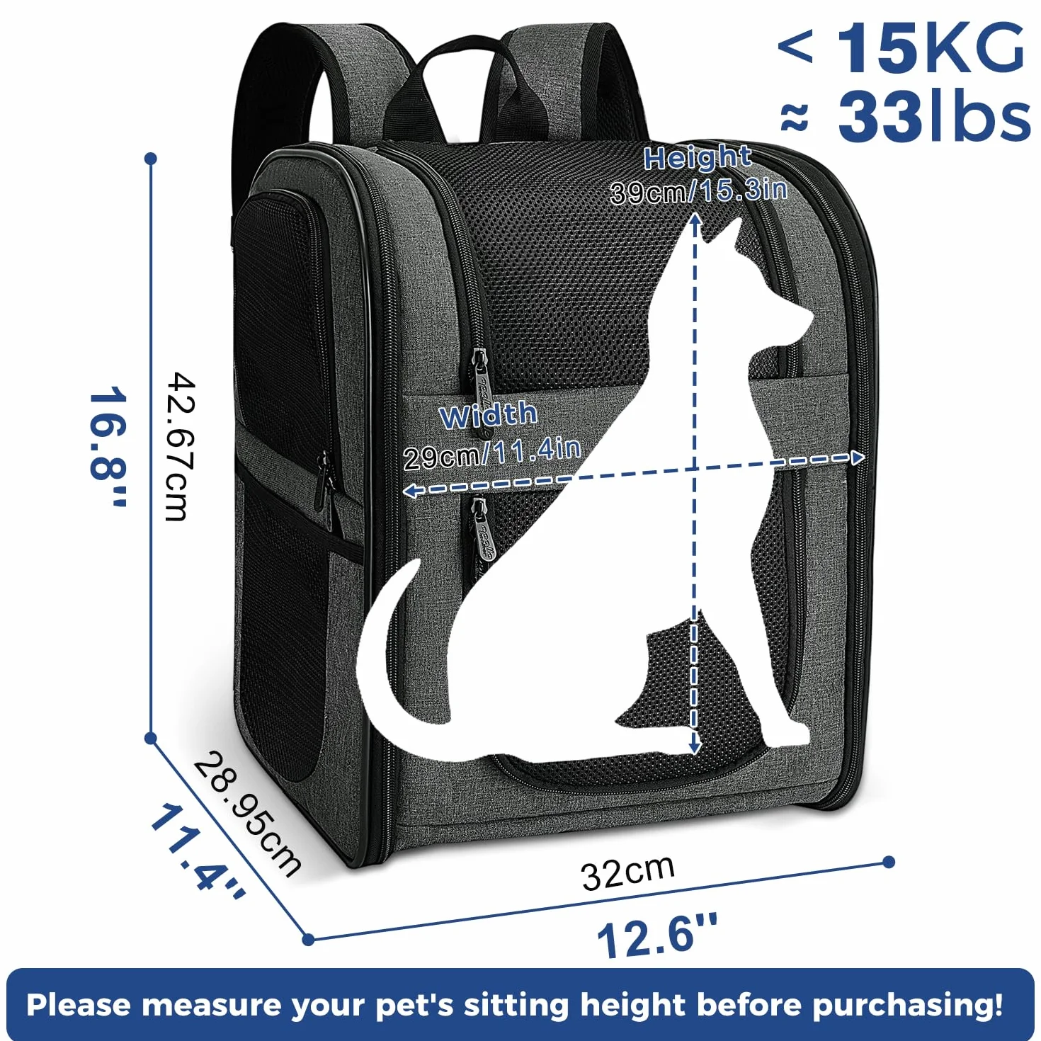 Apollo Walker Cat Carrier Dog Carrier Oddychający Siatkowy Transporter dla Zwierząt 2-15 kg Szary
