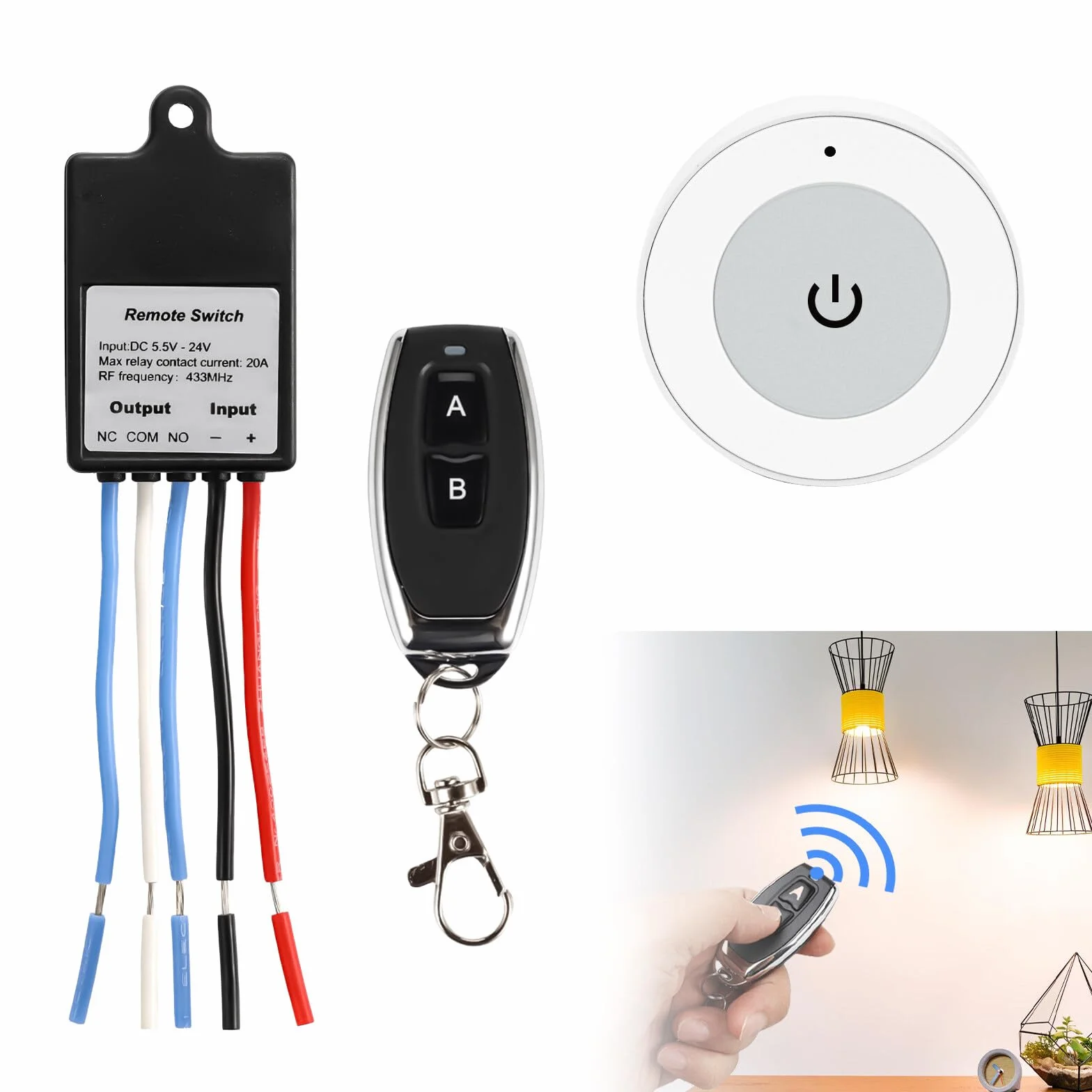 Pilot zdalnego sterowania, przełącznik radiowy 12 V, DC 5,5 V ~ 30 V 5 A, przekaźnik zdalny, 50 m, z 2 pilotami zdalnego sterowania, do lamp sufitowych, silnika, lamp, dekoracji bożonarodzeniowych