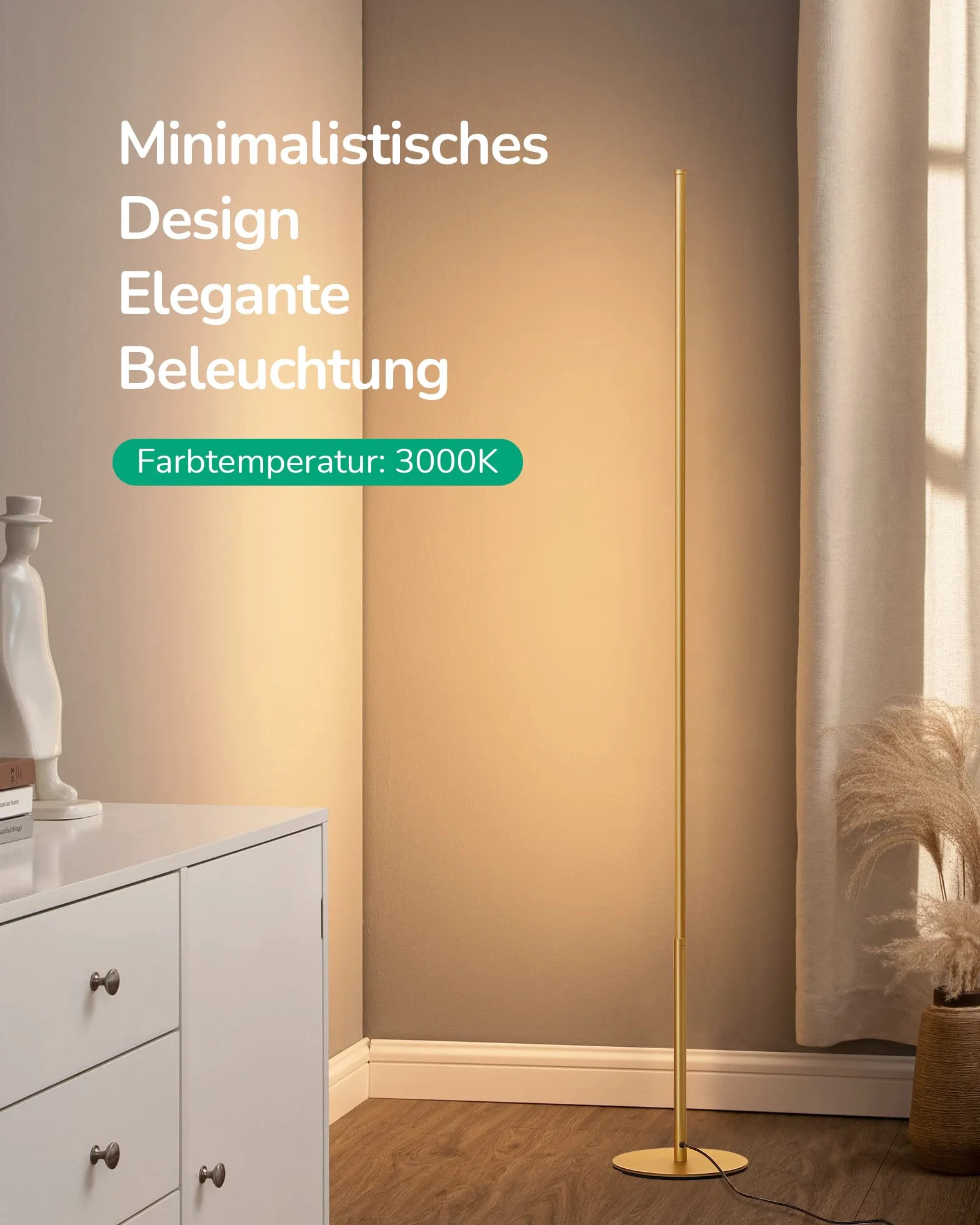 EDISHINE Lampa stojąca do salonu, ściemniana lampa stojąca LED, 3000 K ciepła biel, nowoczesna lampa podłogowa z przełącznikiem nożnym, 146 cm złota kolumna świetlna do salonu, sypialni i biura.