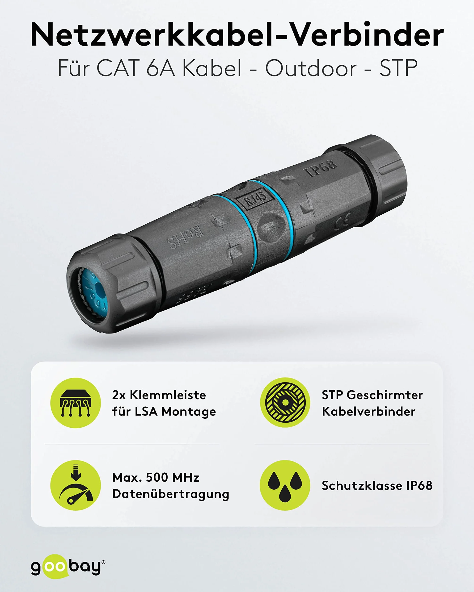 Goobay 44414 Outdoor CAT 6A złącze kablowe wodoszczelne / IP68 LAN kabel sieciowy złącze STP/LSA montaż bez użycia narzędzi/złącze 500 MHz do przedłużenia kabla LAN