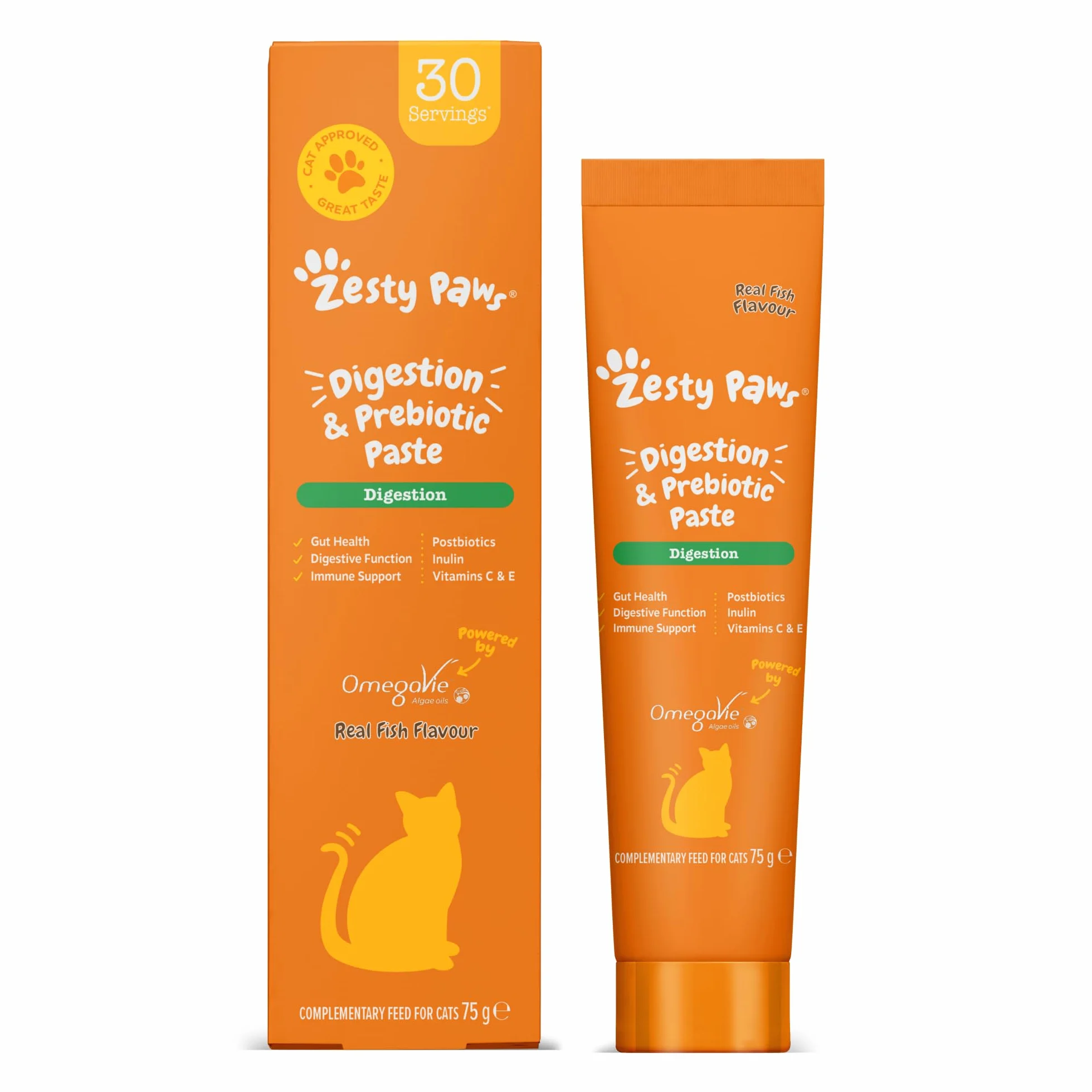 Zesty Paws Digestion & Prebiotics Paste for Cats | Helps Gut Health, Digestive Function & Immune Support | Contains Algal Oil, Postbiotics, Inulin, Vitamins C & E | Real Fish Flavour | 75g