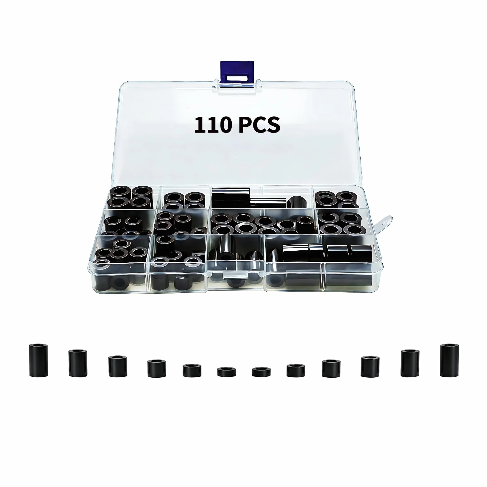 110 sztuk tulejek dystansowych z tworzywa sztucznego ABS, tuleje dystansowe, tworzywo sztuczne, okrągłe, M6, M8, czarne, zestaw z pudełkiem do przechowywania, odpowiednie do produktów