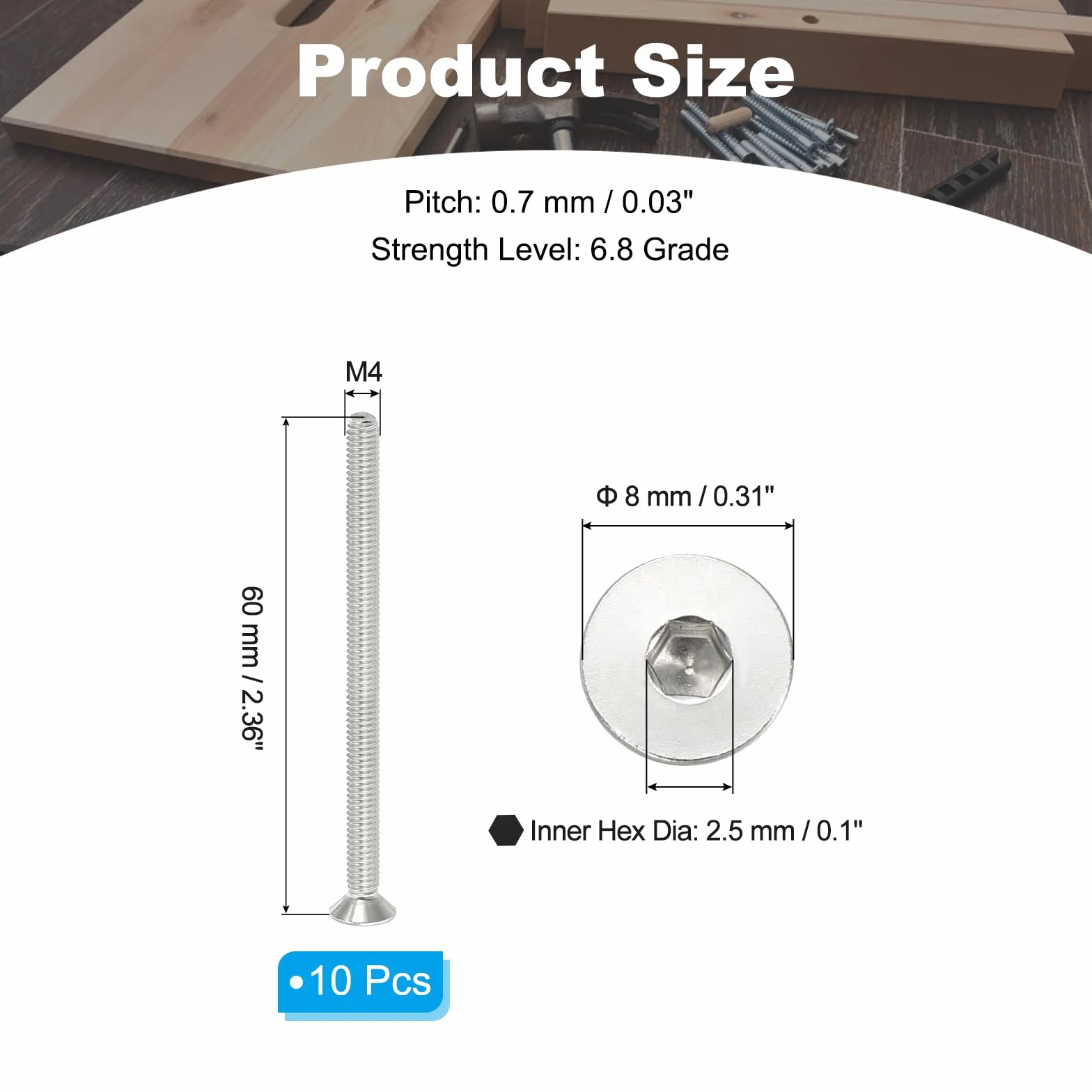 PATIKIL M4 x 60 mm płaskie śruby z łbem stożkowym, 10 sztuk ze stali nierdzewnej 304 18-8 do maszyn śruby sześciokątne łączniki napędowe klasa 6.8