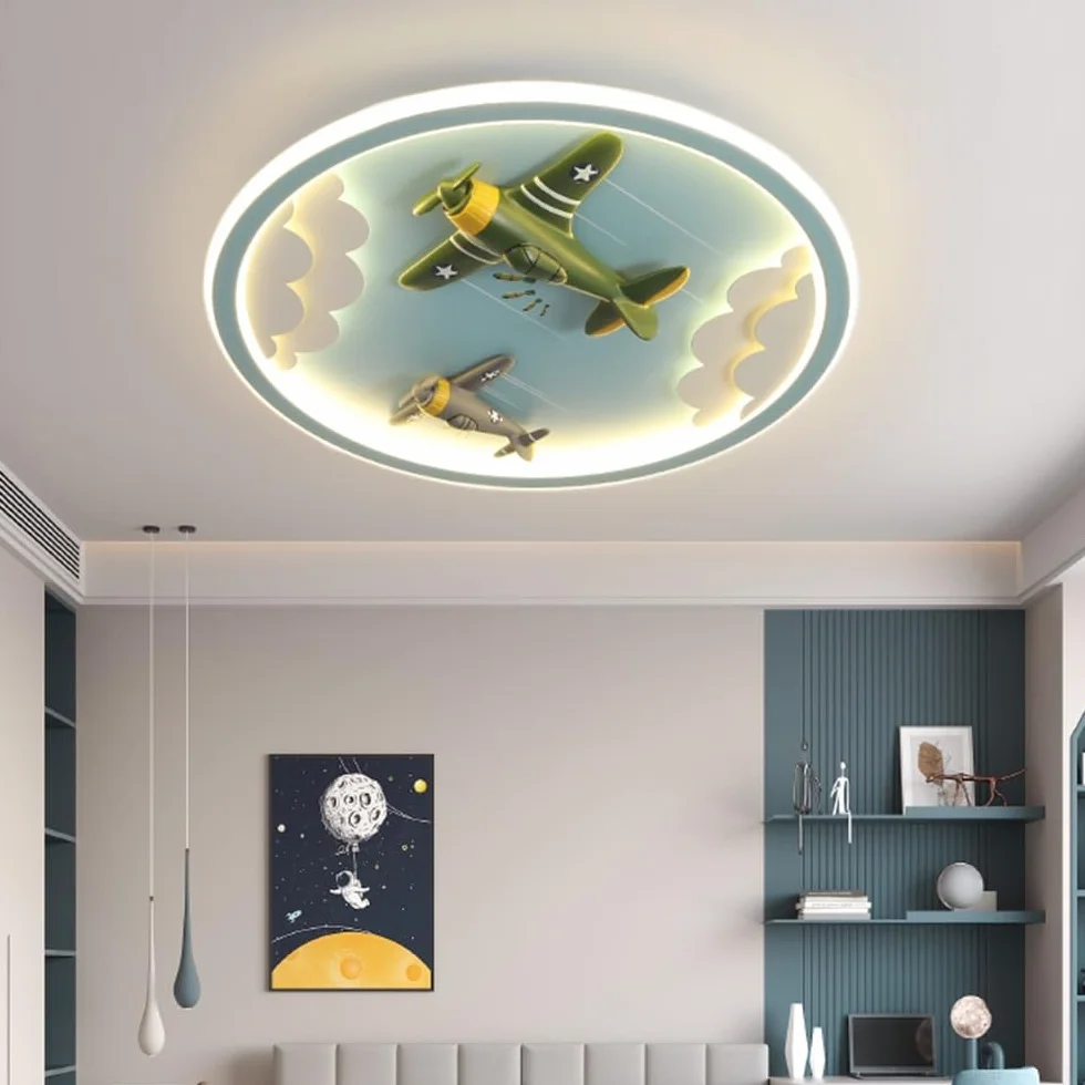 Lampa Sufitowa Dla Dzieci LED Lampa Sufitowa Samolot Kreatywna Ściemnialne Lampa Wisząca Żywicy Oświetlenie Pokoju Chłopców I Dziewcząt Z Pilotem Lampa Do Sypialni Przedszkola Okrągły Niebieski,50cm