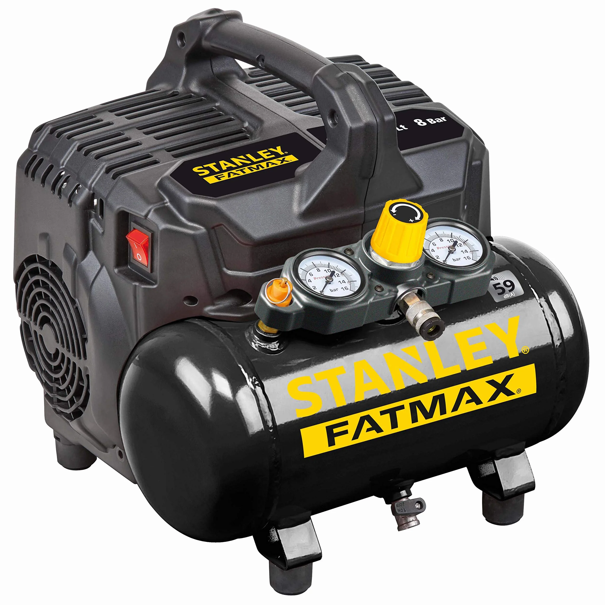Stanley Fatmax Kompressor DST 101/8/6 FMXCM00 - Kompresor powietrza 8 bara - Cichy kompresor powietrza 59dB - Pojemność zbiornika 6 litrów - Kompresor zasilany akumulatorem 1450 obr./min