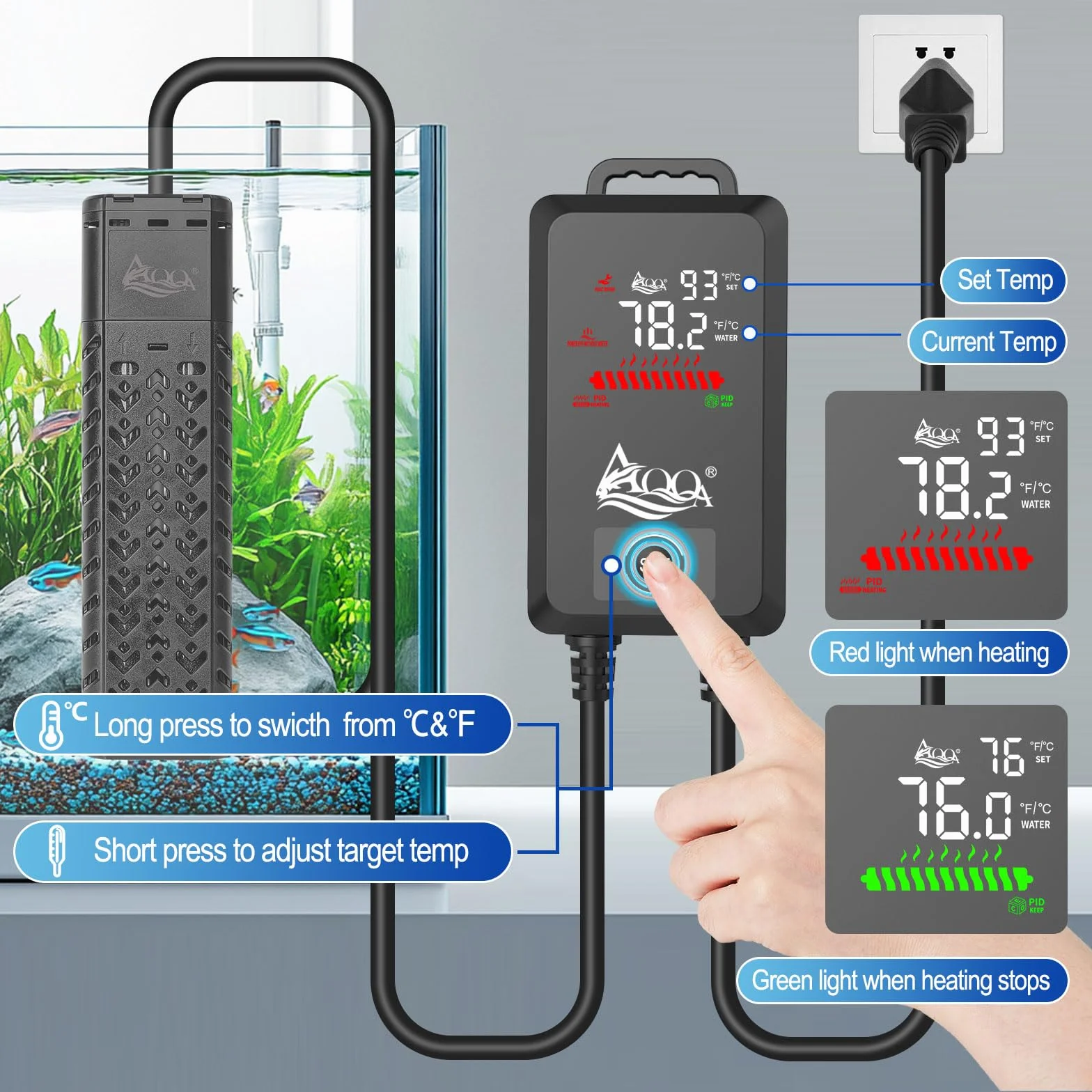 AQQA Ogrzewanie akwarium, 1000W Regulowana grzałka do akwarium, grzejnik do akwarium, ogrzewanie akwarium z zewnętrznym cyfrowym wyświetlaczem LED, kontroler dla zbiorników 500-1000 l