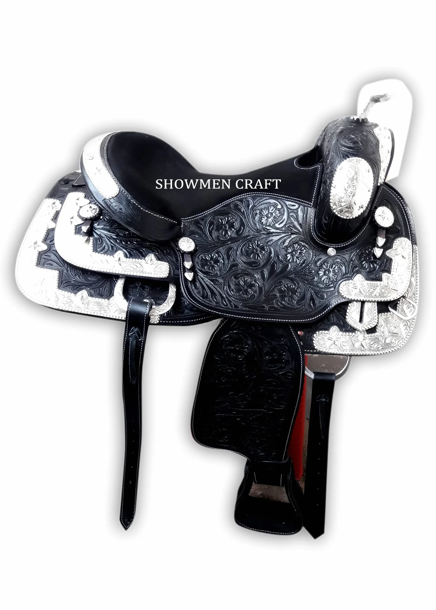 Western Saddle dekoracyjny srebrny strój wystawowy z nakryciem głowy i rozmówcą piersi 40 cm