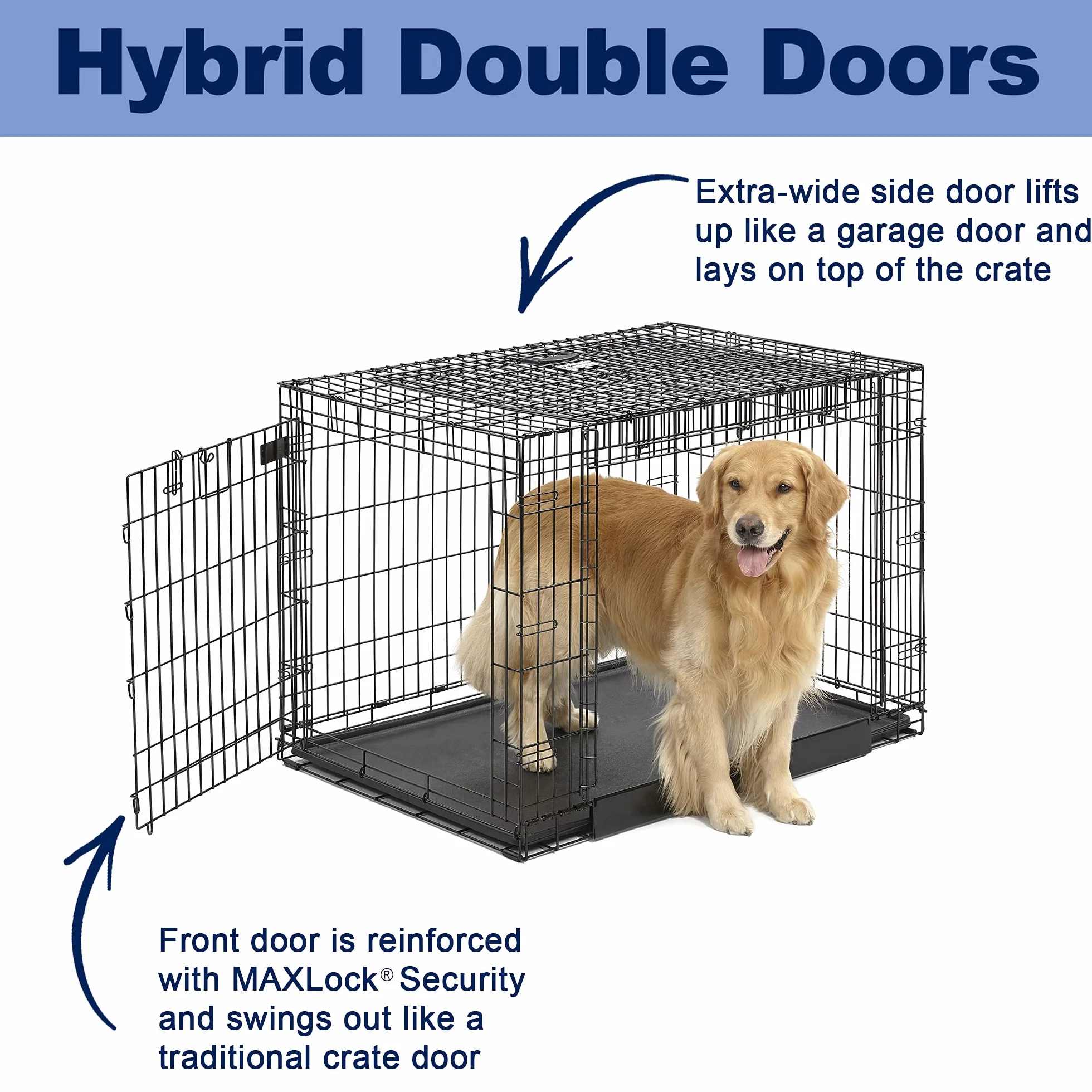 Midwest Homes for Pets Large Ovation Double Door 42-inch Folding Metal Dog Crate, Front and Up & Away Side Doors, Space-Saving Design