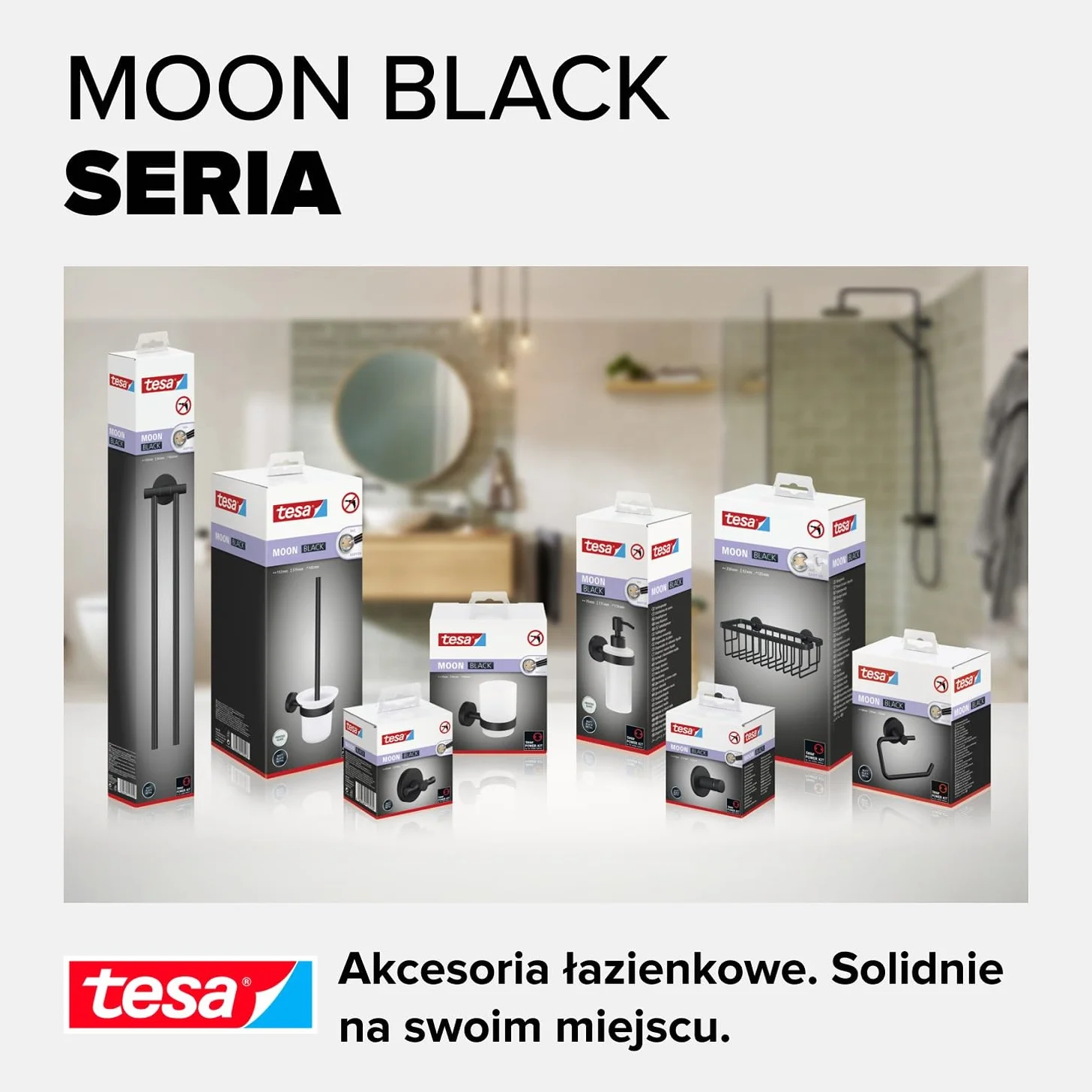 tesa MOON BLACK haczyk na ręcznik czarny mat samoprzylepny 37 mm x 37 mm x 36 mm