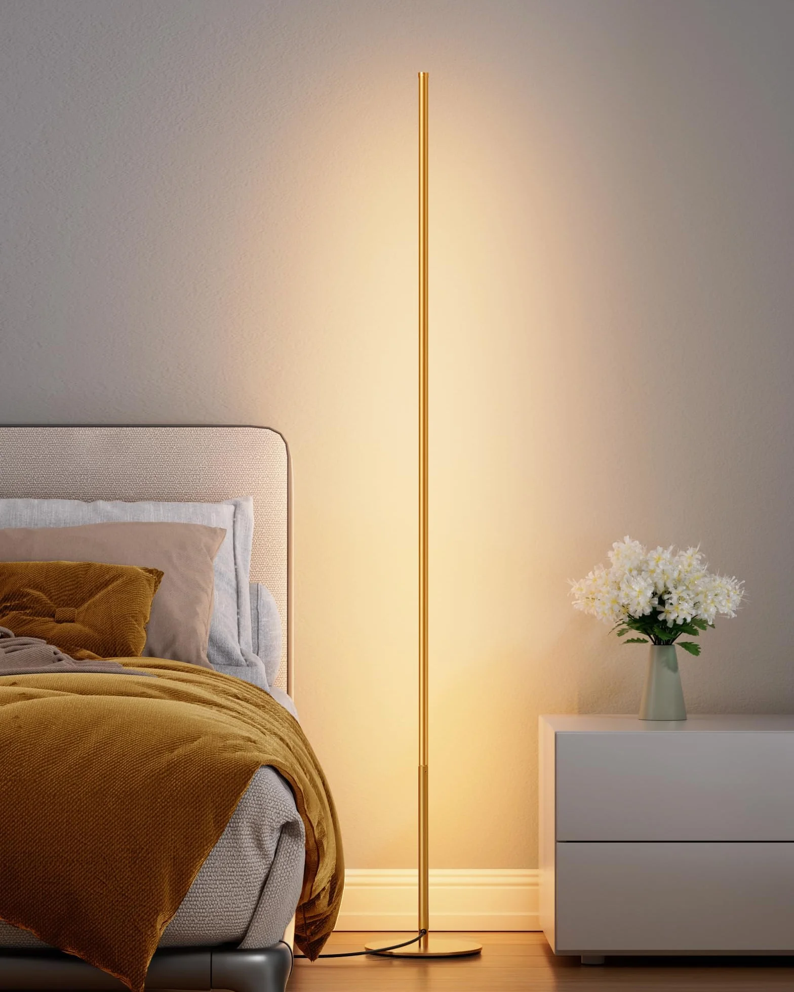 EDISHINE Lampa stojąca do salonu, ściemniana lampa stojąca LED, 3000 K ciepła biel, nowoczesna lampa podłogowa z przełącznikiem nożnym, 146 cm złota kolumna świetlna do salonu, sypialni i biura.