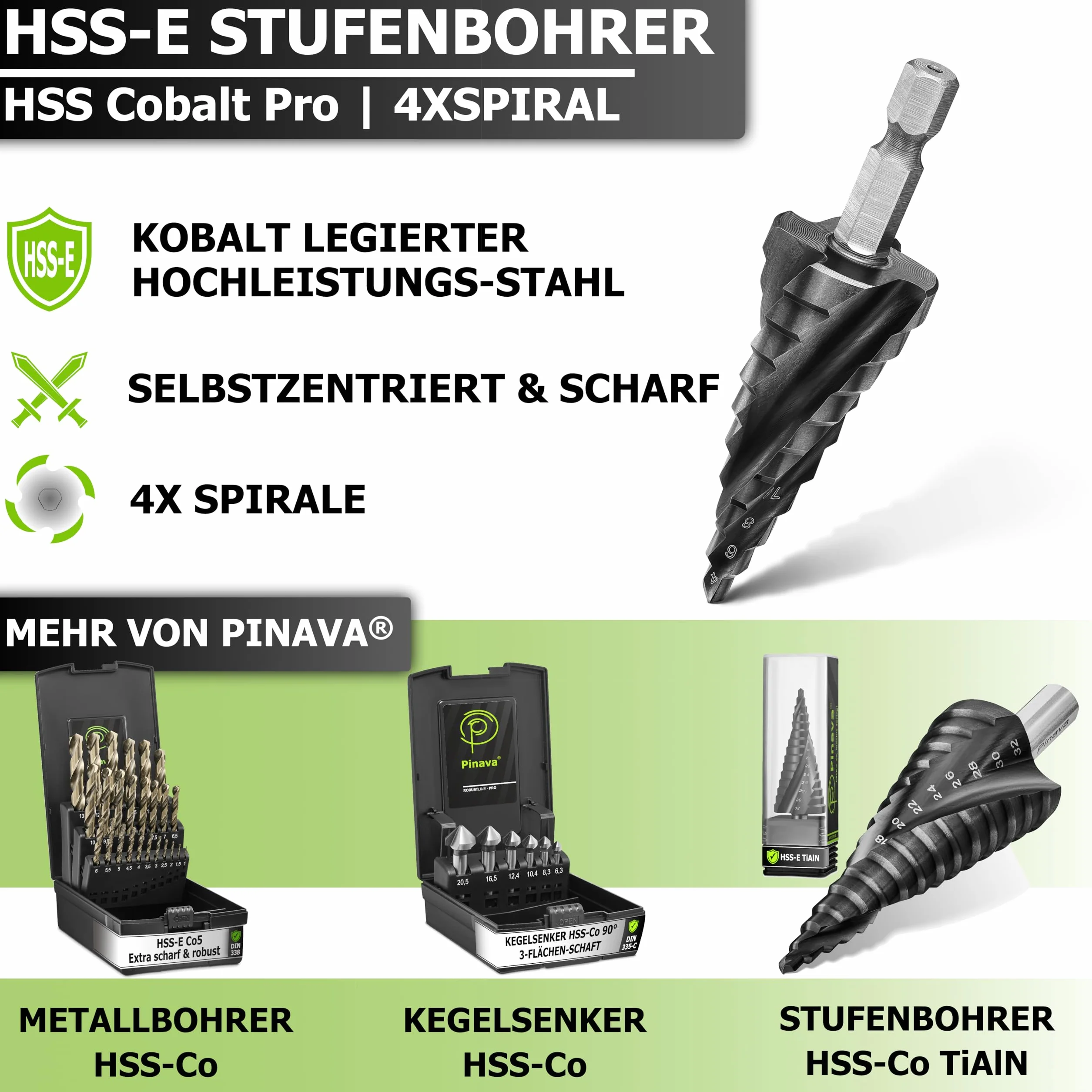 Pinava Wiertło stopniowe HSS Cobalt Pro 4XSPIRAL [szybsze, bardziej precyzyjne, trwalsze] Ø 4 – 22 mm – profesjonalne wiertło stożkowe do stali nierdzewnej, metalu, drewna, tworzywa sztucznego