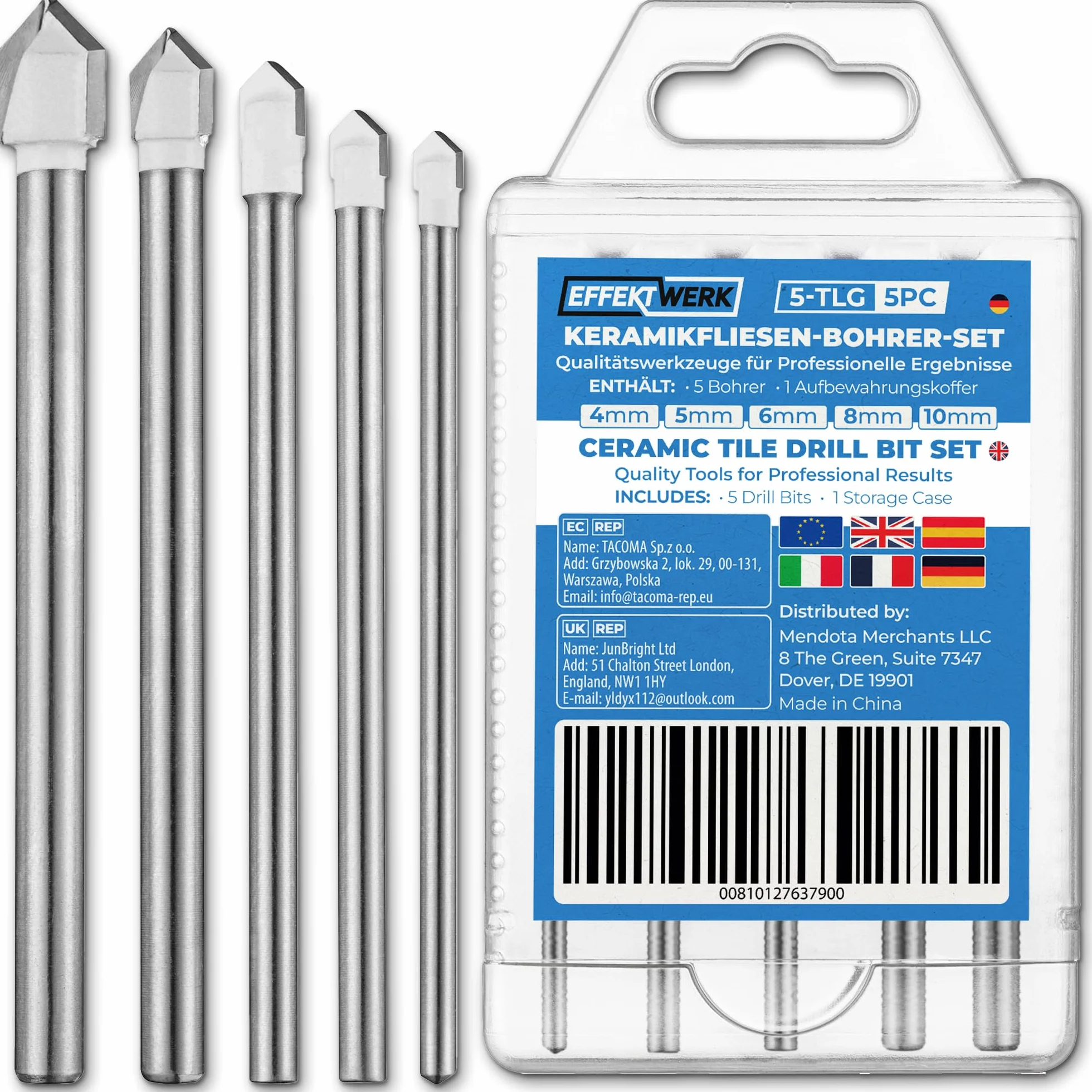 5 pc Ceramic Tile Drill Bit Set - 4/5/6/8/10mm - Tungsten Carbide Tipped for Ceramic, Soft Concrete, Brick, Tile & Porcelain