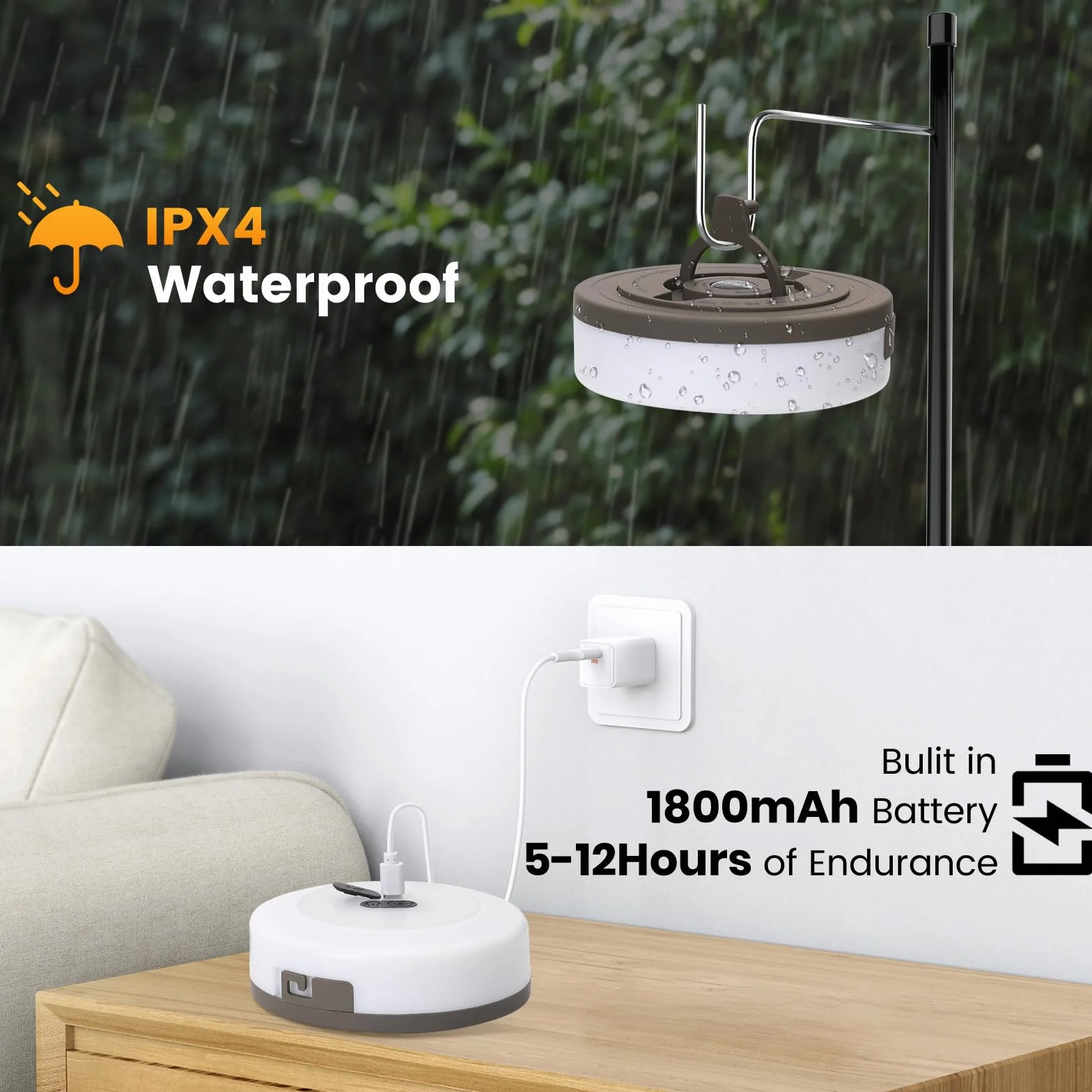 Yizhet Łańcuch światła kempingowego, 10 metrowy sznur kempingowego Akumulator USB IPX4 Wodoodporna lampa kempingowa do domu, ogrodu i podwórka, ciepłe białe