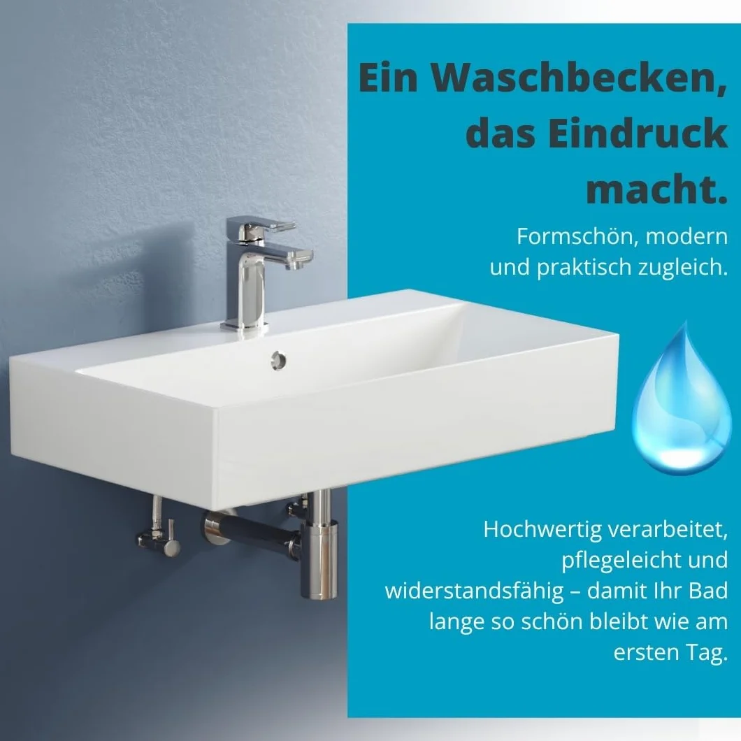 Aqua Bagno umywalka prostokątna 70 cm ceramiczna biały połysk z otworem na baterię i przelewem