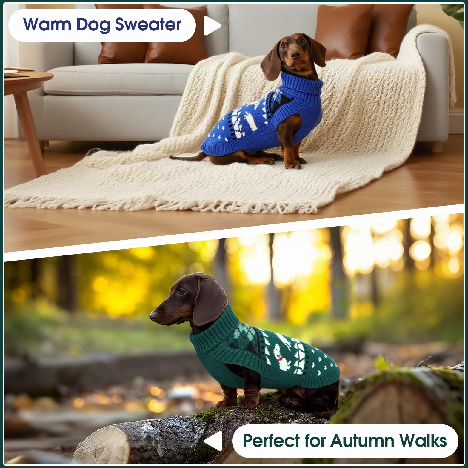 Sweter dla psa Jamnik S, polarowy płaszcz z wzorem jamników, golf, małe psy, zielony
