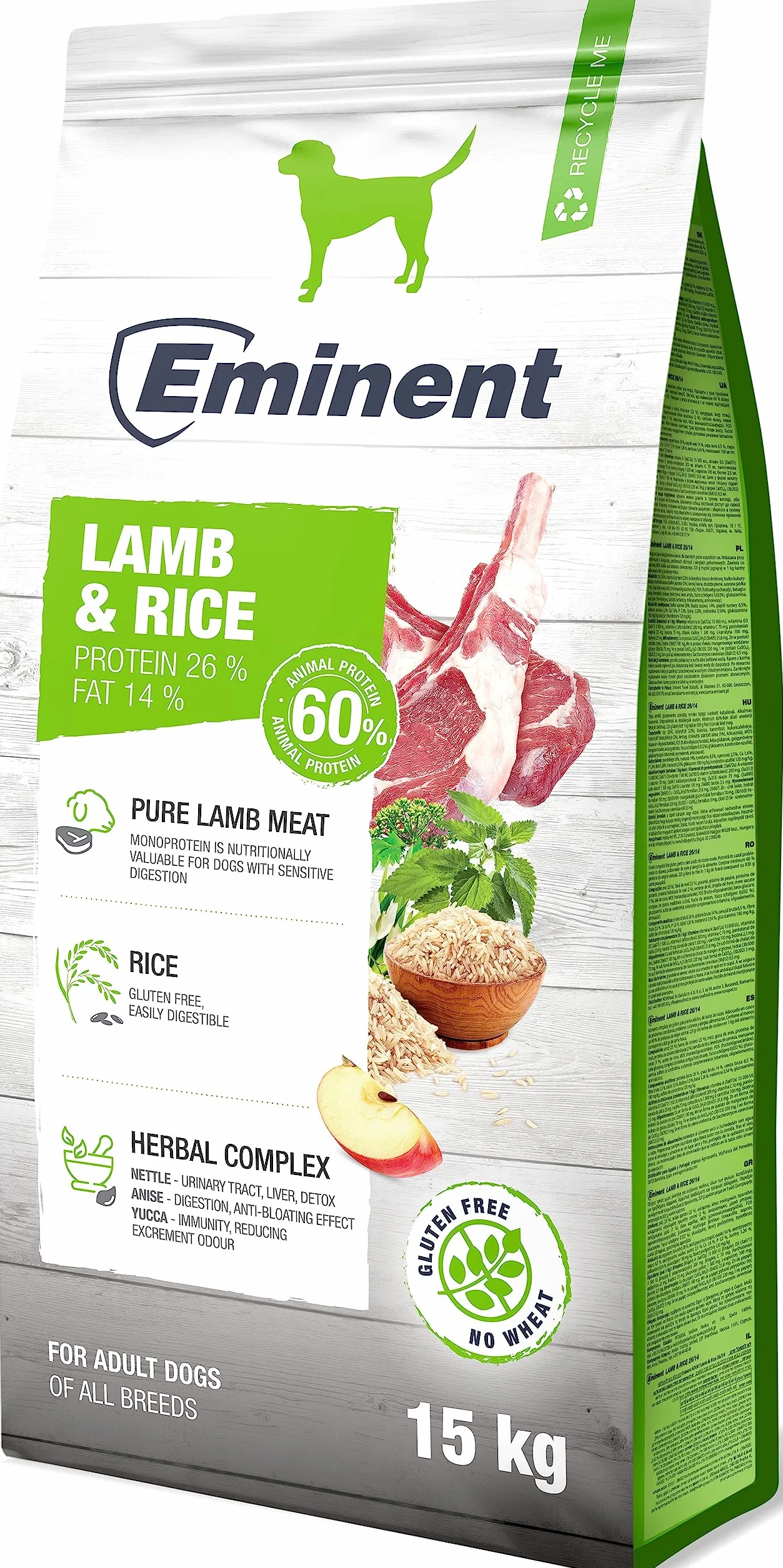 Eminent Lamb & Rice bezglutenowa karma dla psów, bezglutenowa, pełna karma dla dorosłych i psów wszystkich ras, 15 kg