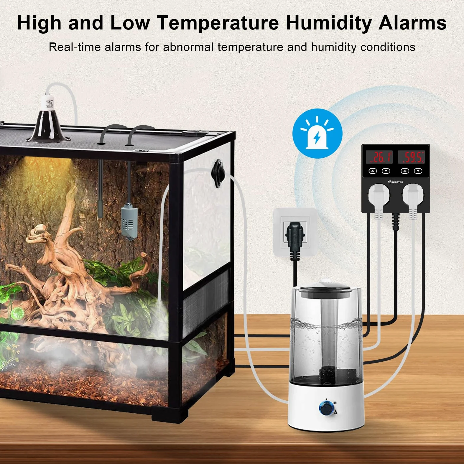 KETOTEK Termostat z higrostatem gniazdko cyfrowe 230 V regulator temperatury i wilgotności do szklarni terrarium