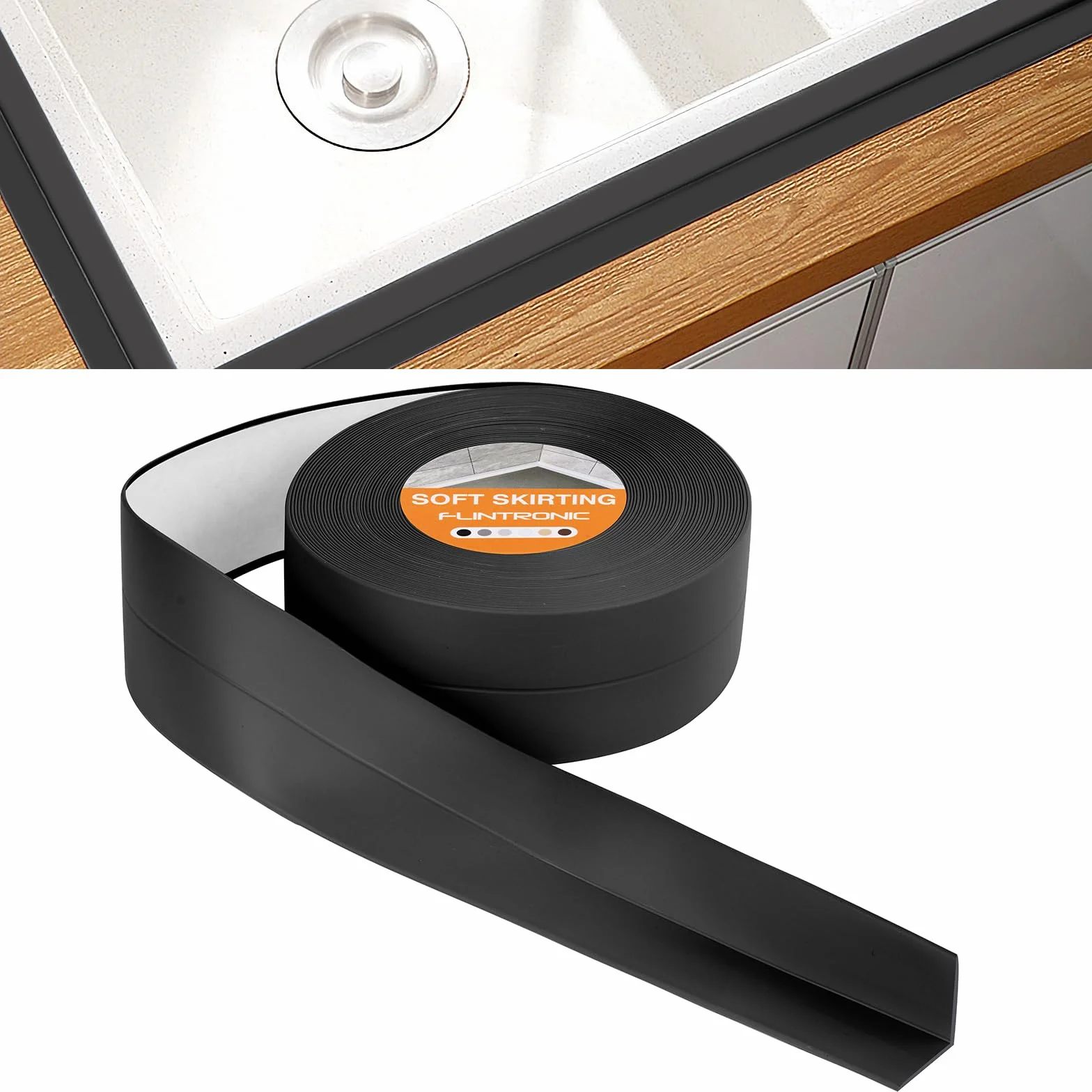 Flintronic Uszczelka do łazienki, 4,5 m x 38 mm, samoprzylepna taśma uszczelniająca, samoprzylepny pasek uszczelniający z PVC do wanny, łazienki, kuchni, nie pleśnieje i uszczelnia (czarny)