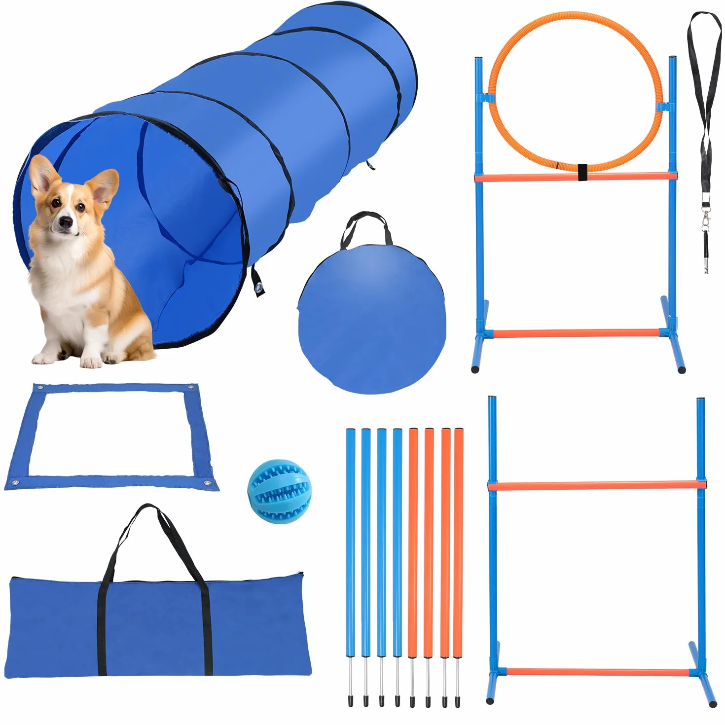 Gimisgu Agility zestaw dużych psów zwinnościowych, zestaw wyposażenia dla psów, akcesoria do treningu psa, przeszkoda, pierścień do skakania, tunel dla psa, 8 drążków slalomowych, piłka, gwizdek,