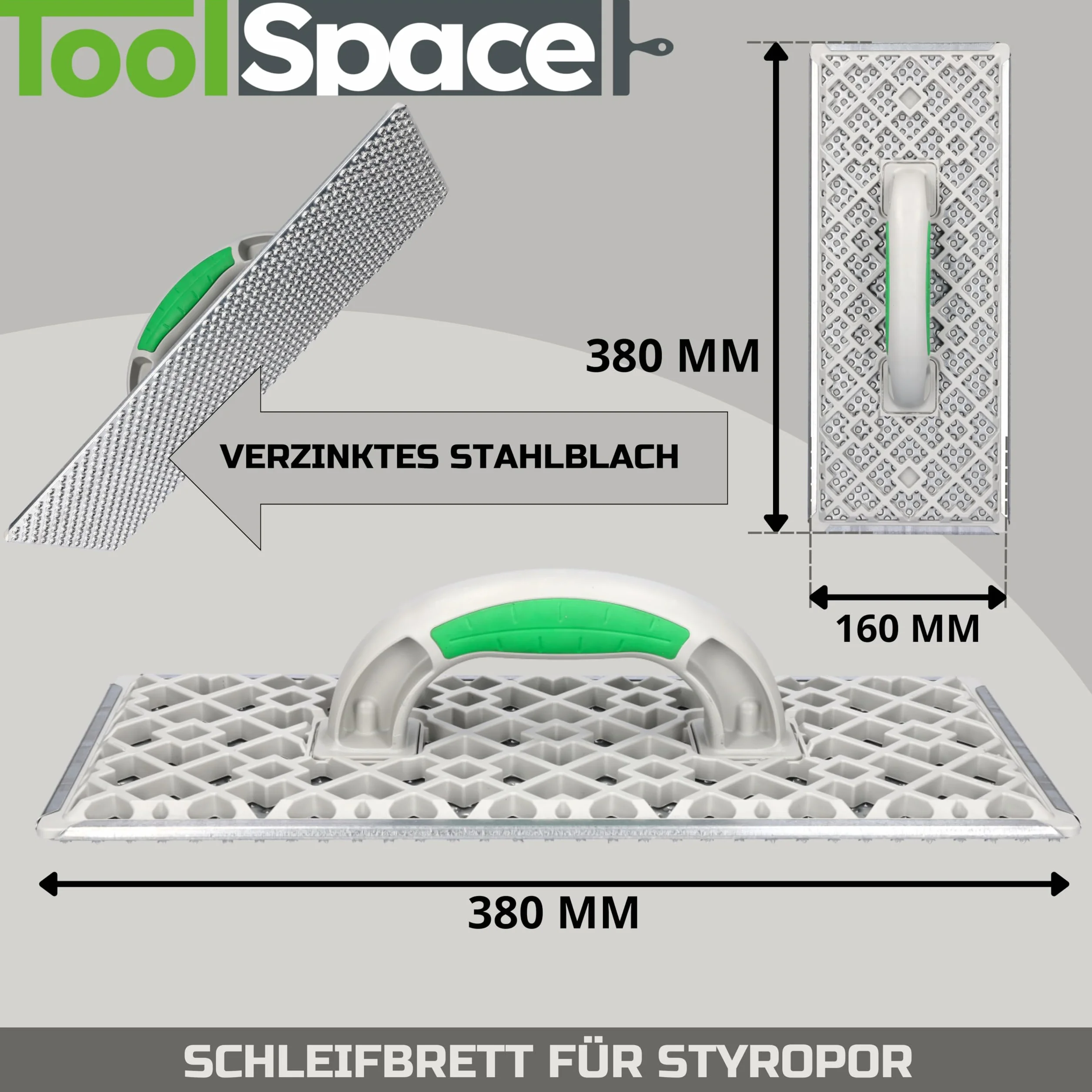 ToolSpace Profesjonalna Paca Szlifierska do Styropianu – Tarka Przelotowa 160x380 mm – Ręczna Paca do Szlifowania i Obróbki Styropianu – Wykonana z Ocynkowanej Stali - Odporna – Uchwyt Ergonomiczny