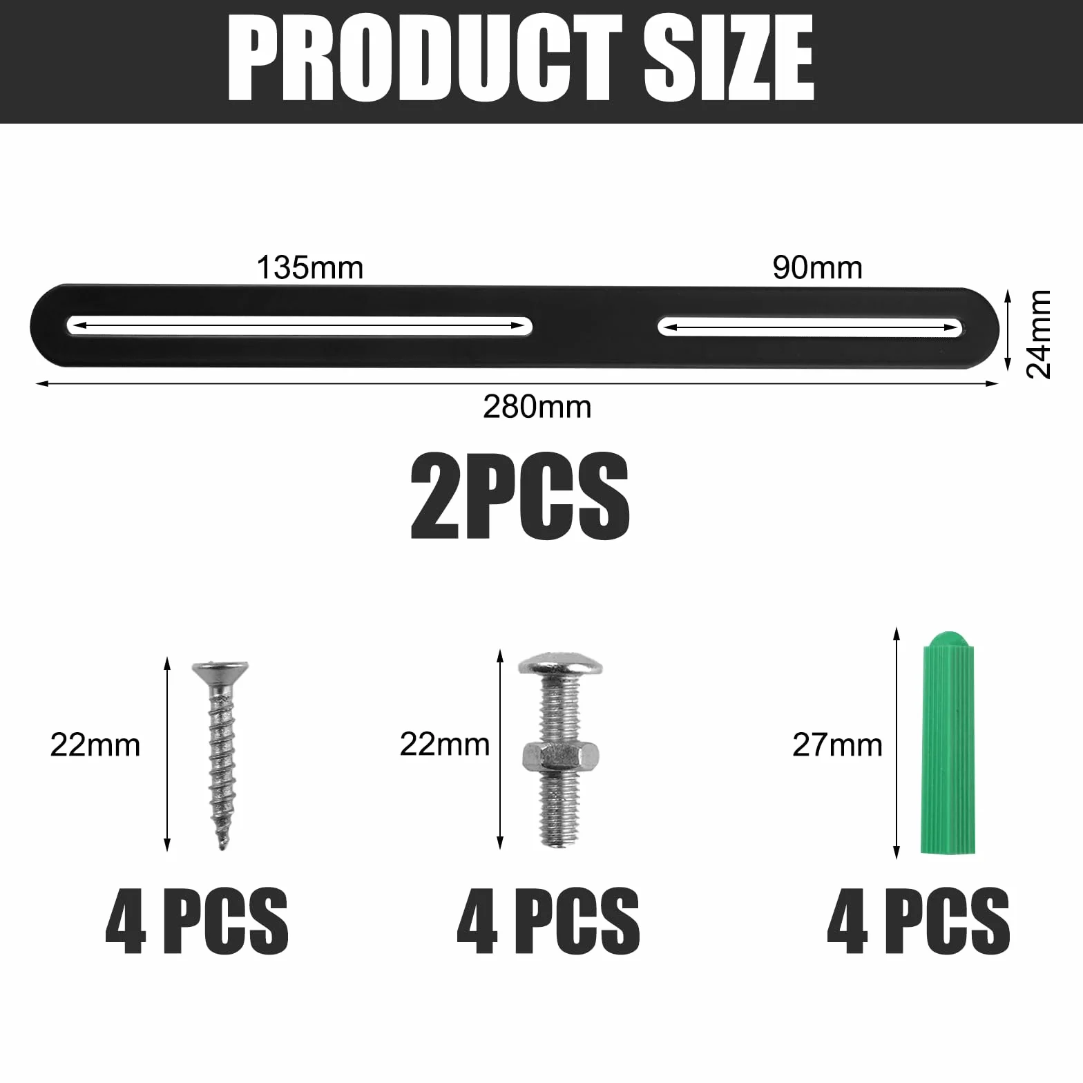 2 zestawy mocowania skrzynki pocztowej, 280 x 24 mm czarne metalowe wsporniki mocujące z nakrętkami do mocowania skrzynek pocztowych do bramy ogrodzenia