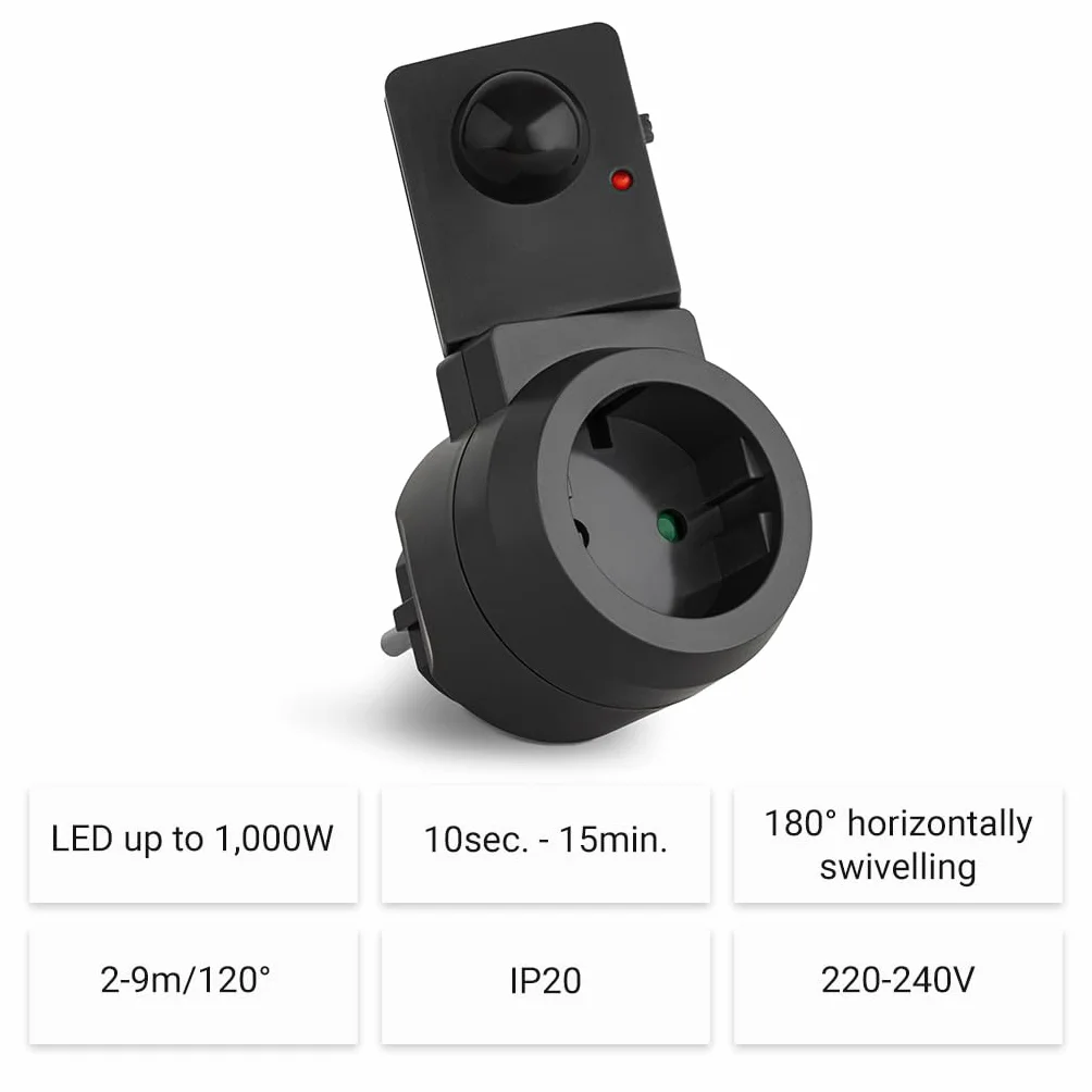 SEBSON Wtyczka pośrednia PIR czujnik ruchu, obrotowy, Schuko 230 V, 1000 W, programowalny, do LED