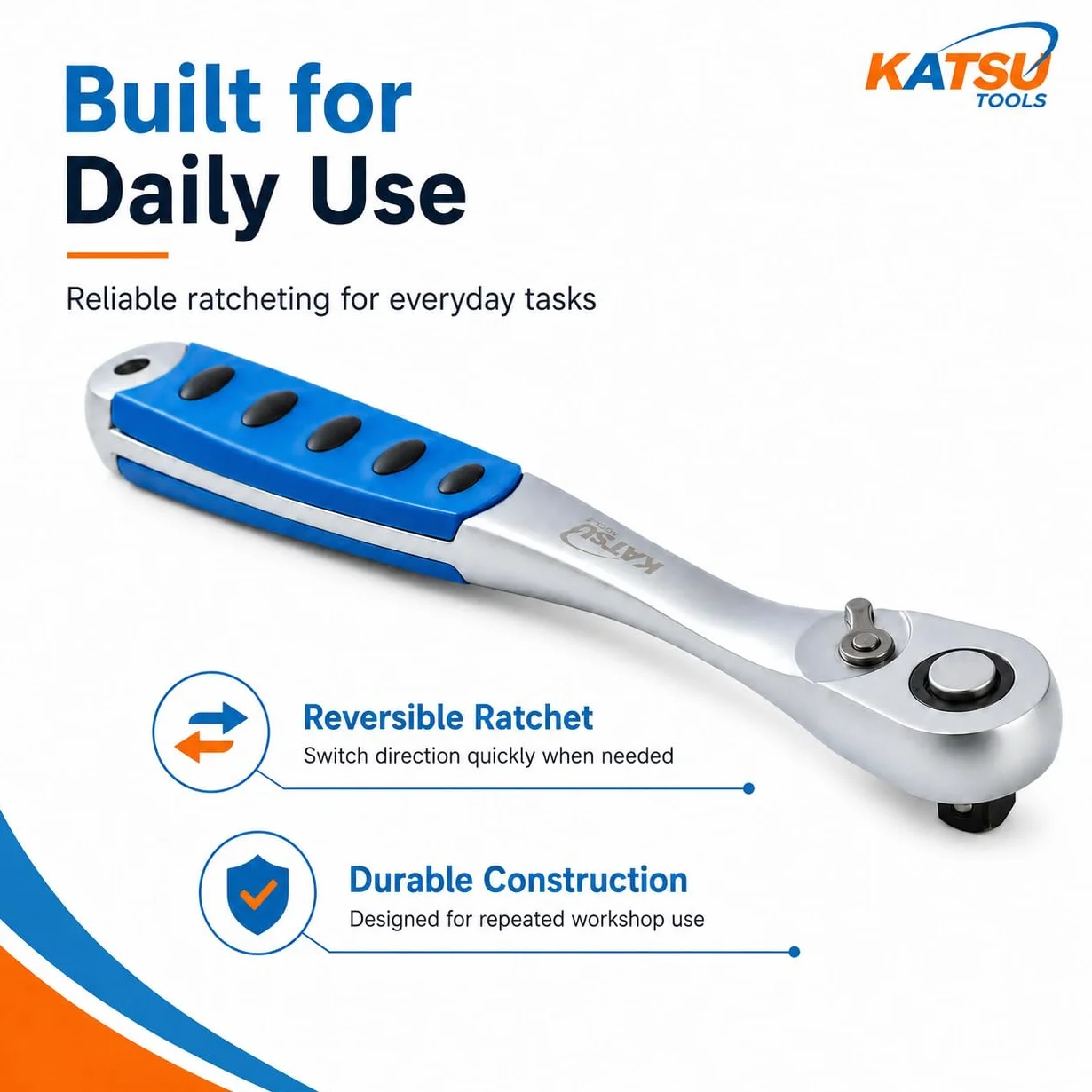 KATSU Tools 1/2-calowy kwadratowy napęd 90 zębów szybkie zwalnianie odwracalny klucz nasadowy z grzechotką, miękki uchwyt, stal CR-V, długość 260 mm 423909