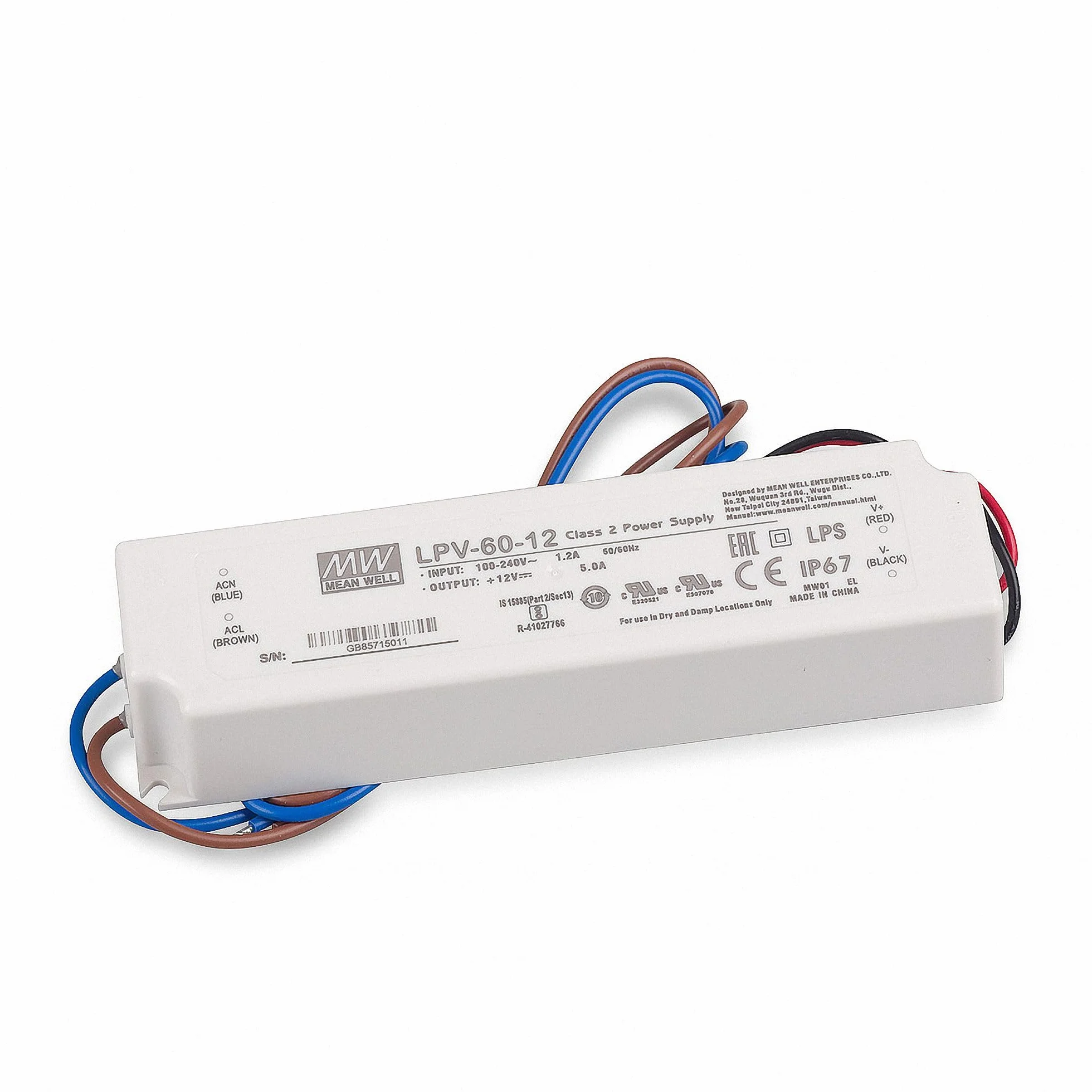 MEAN WELL LPV-60-12 zasilacz impulsowy, 12 V/5 A/60 W, transformator LED IP67 do oświetlenia LED