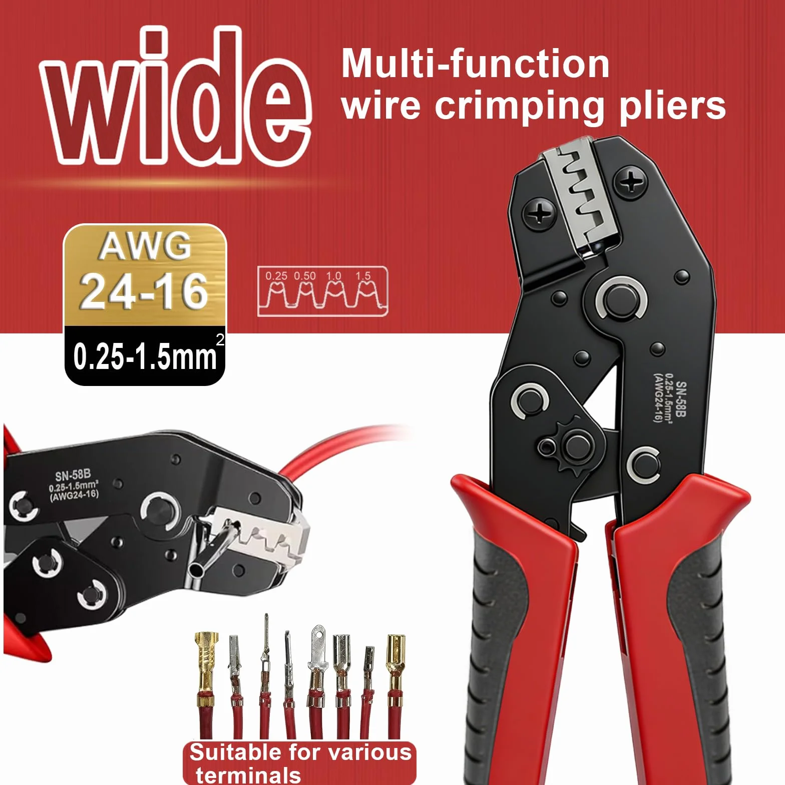Szczypce zaciskowe 0.25-1.5 mm² AWG24-16 z funkcją zapadkową do końcówek kablowych JST DuPont AMP Delphi