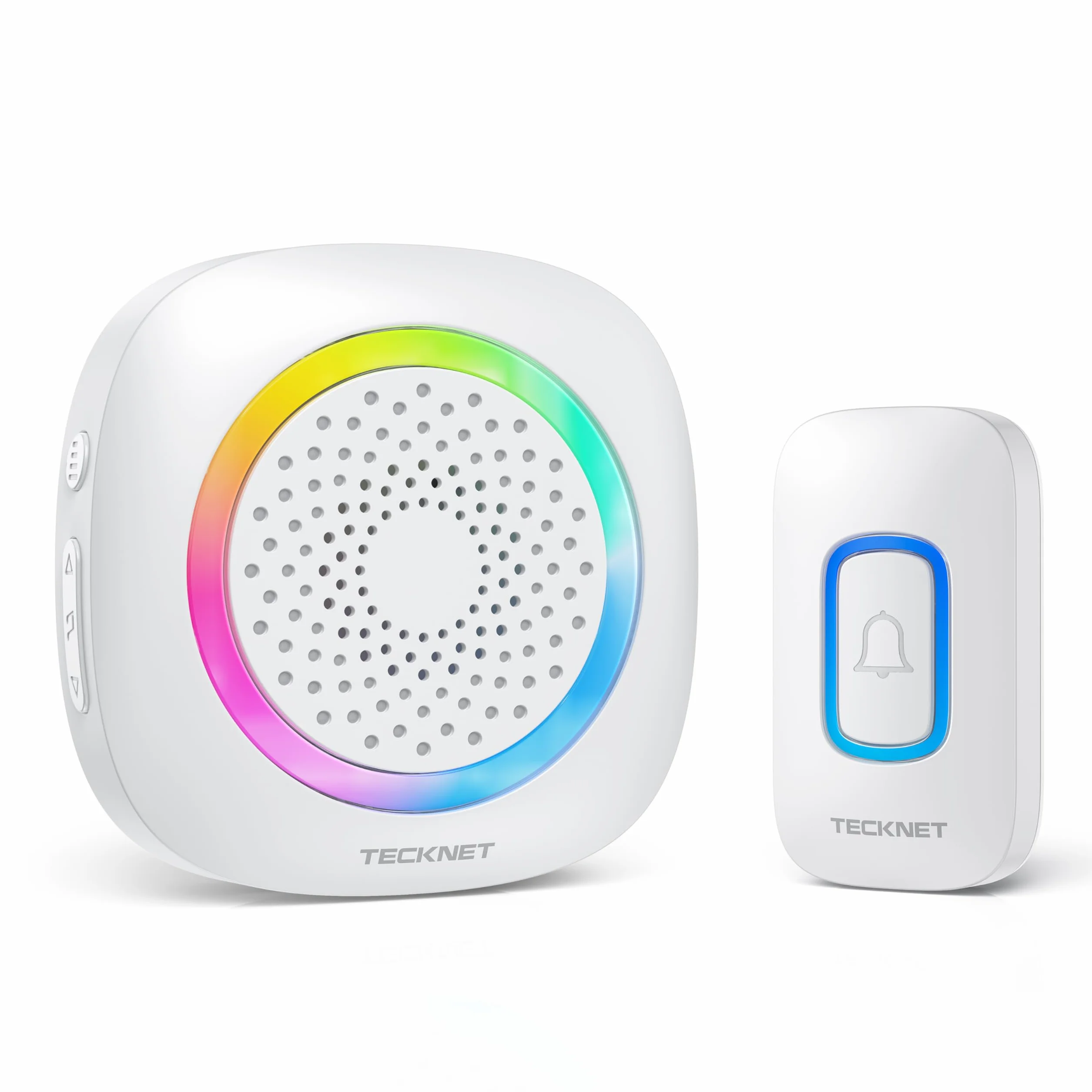 TECKNET Bezprzewodowy Dzwonek,Zasilanie Bateryjne,Światło RGB,IP66 Wodoodporny Przenośny Bezprzewodowy Zestaw Dzwonków,400M,60 Melodii i 5 Poziomów Głośności z Żywotnością Baterii 4,5 Roku (Biały)