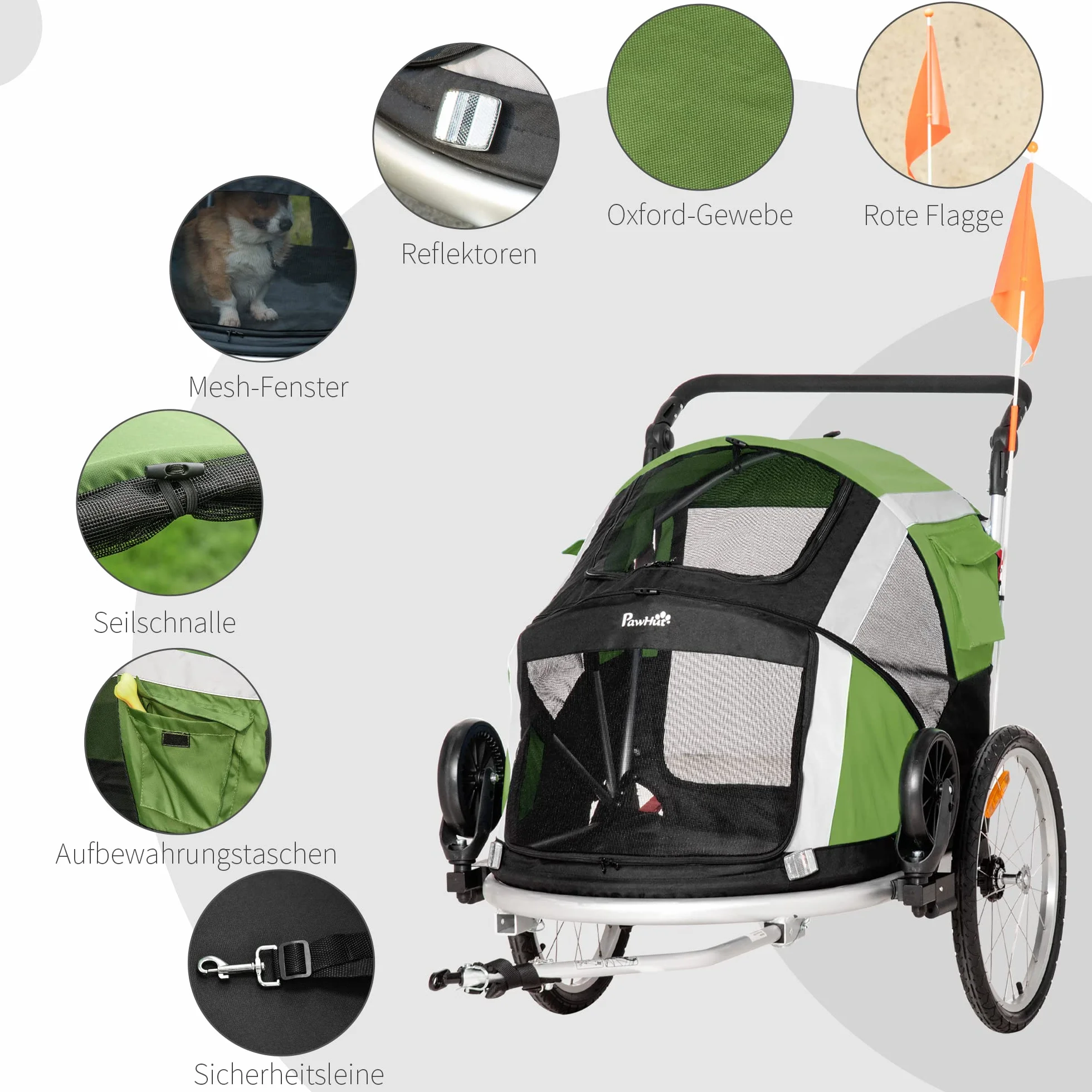 PawHut 2-in-1 Hundeanhänger klappbar Haustier Fahrradanhänger Hundetransporter Hunde Fahrrad Anhänger atmungsaktiv Aluminium Oxford Gewebe 150 x 82 x 108 cm