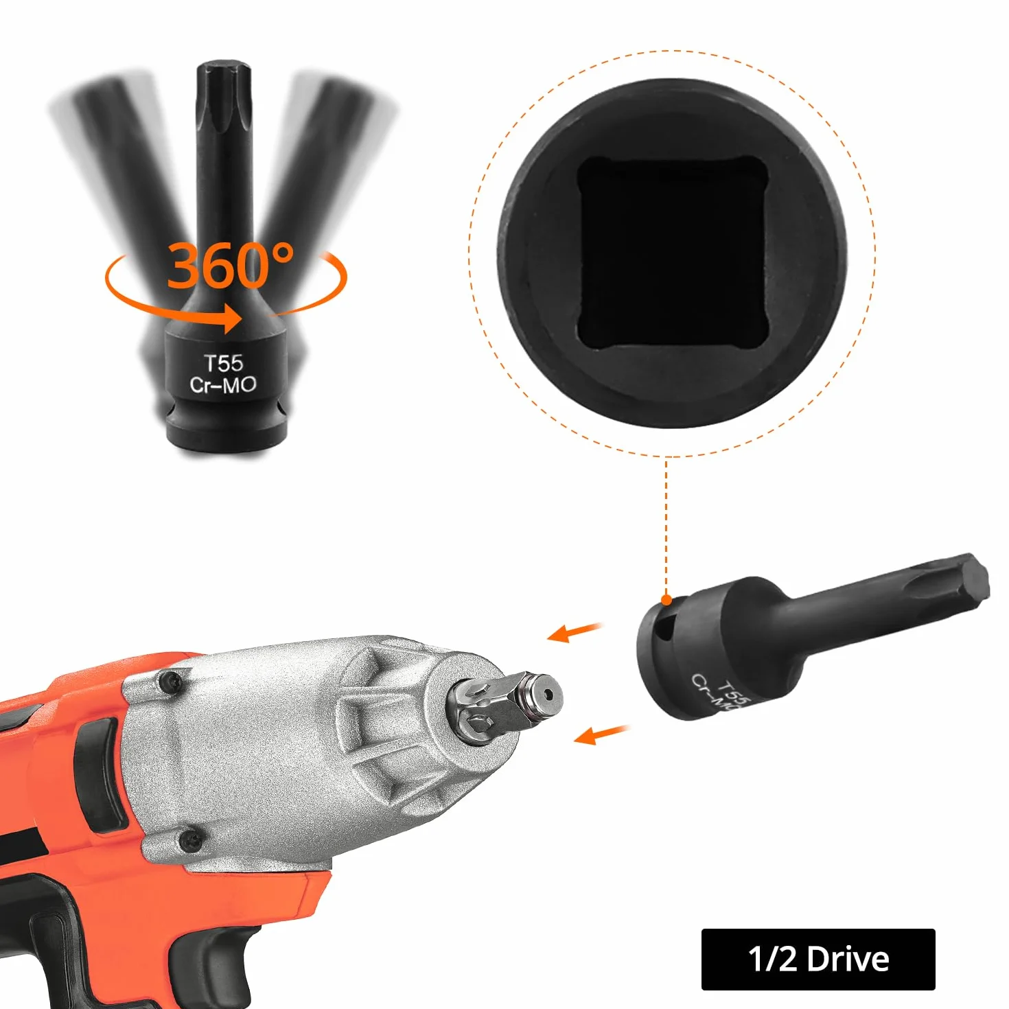 QWORK 10-częściowy zestaw nasadek udarowych gwiazd T25-T80 napęd 1/2 cala chrom-wanadowy