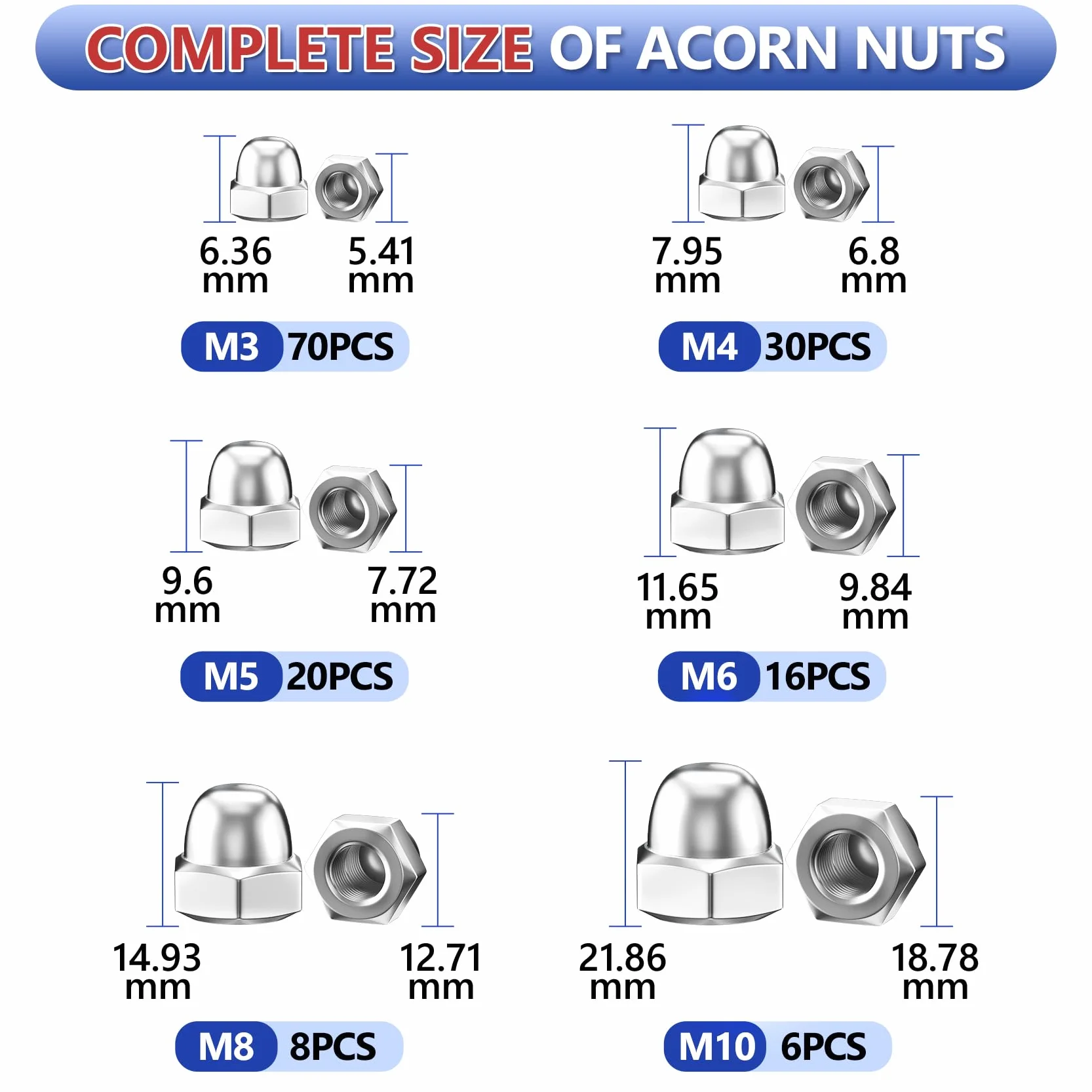 Acorn Nuts 304 Stainless Steel Hex Cap Nuts Assortment Kit 150 szt. M3 M4 M5 M6 M8 M10