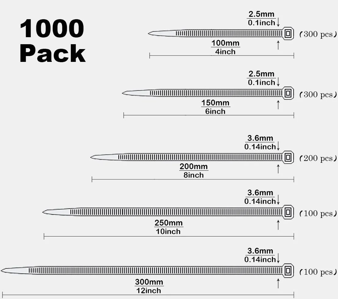 1000 sztuk czarne opasek kablowych nylonowe plastikowy mieszane mocne długie plastikowe różne rozmiary 100/150/200/250/300 mm klipsów kablowych