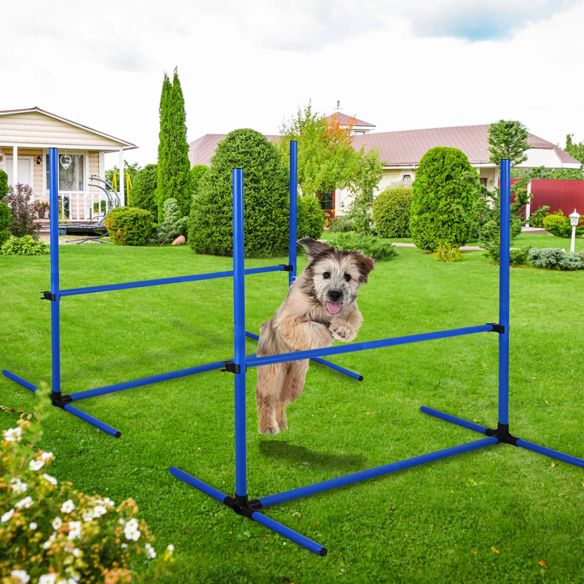 NAIZY Zestaw 4 płotków Agility Slalom dla zwierząt domowych, z regulacją wysokości, zestaw drążków treningowych dla psów, kotów, trening warunkowy, siła skoku, ruchliwość – niebieski