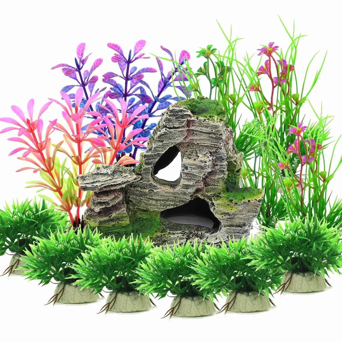 Akwarium Dekoracje Rośliny, 13 sztuk Rozmiar Rośliny akwariowe Plastikowa Dekoracja i Skała Polyresin Cave Ornament Dekoracje